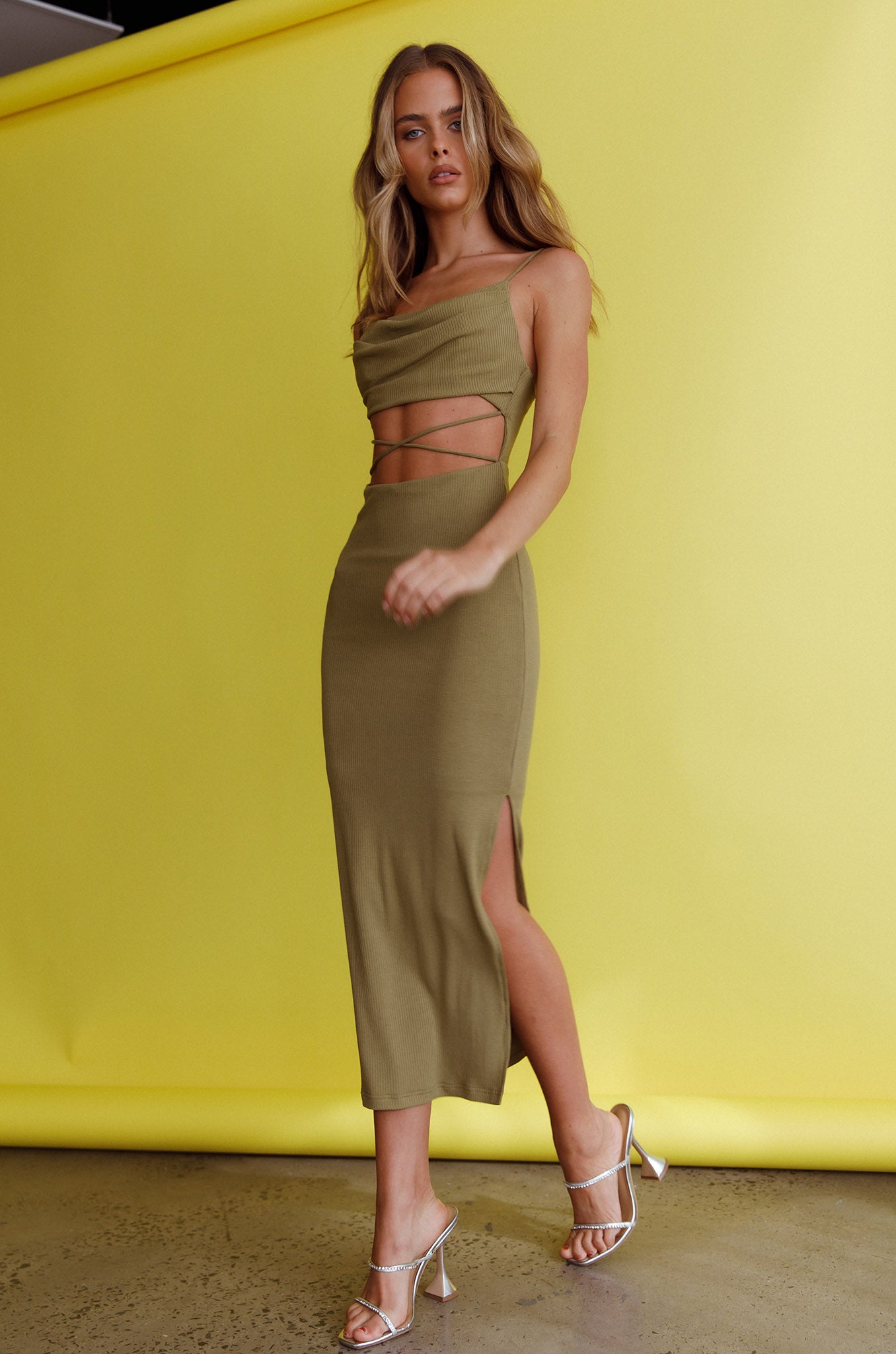 Crazy In Love Cowl Neck Cut-Out Waist Midi Dress Olive by Selfie Leslie