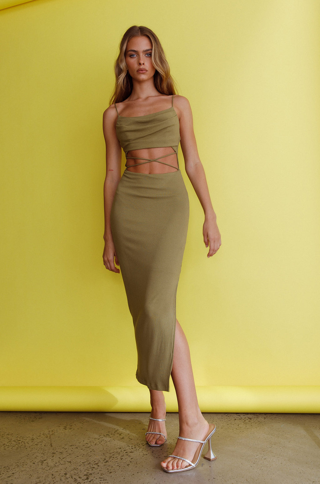 Crazy In Love Cowl Neck Cut-Out Waist Midi Dress Olive by Selfie Leslie