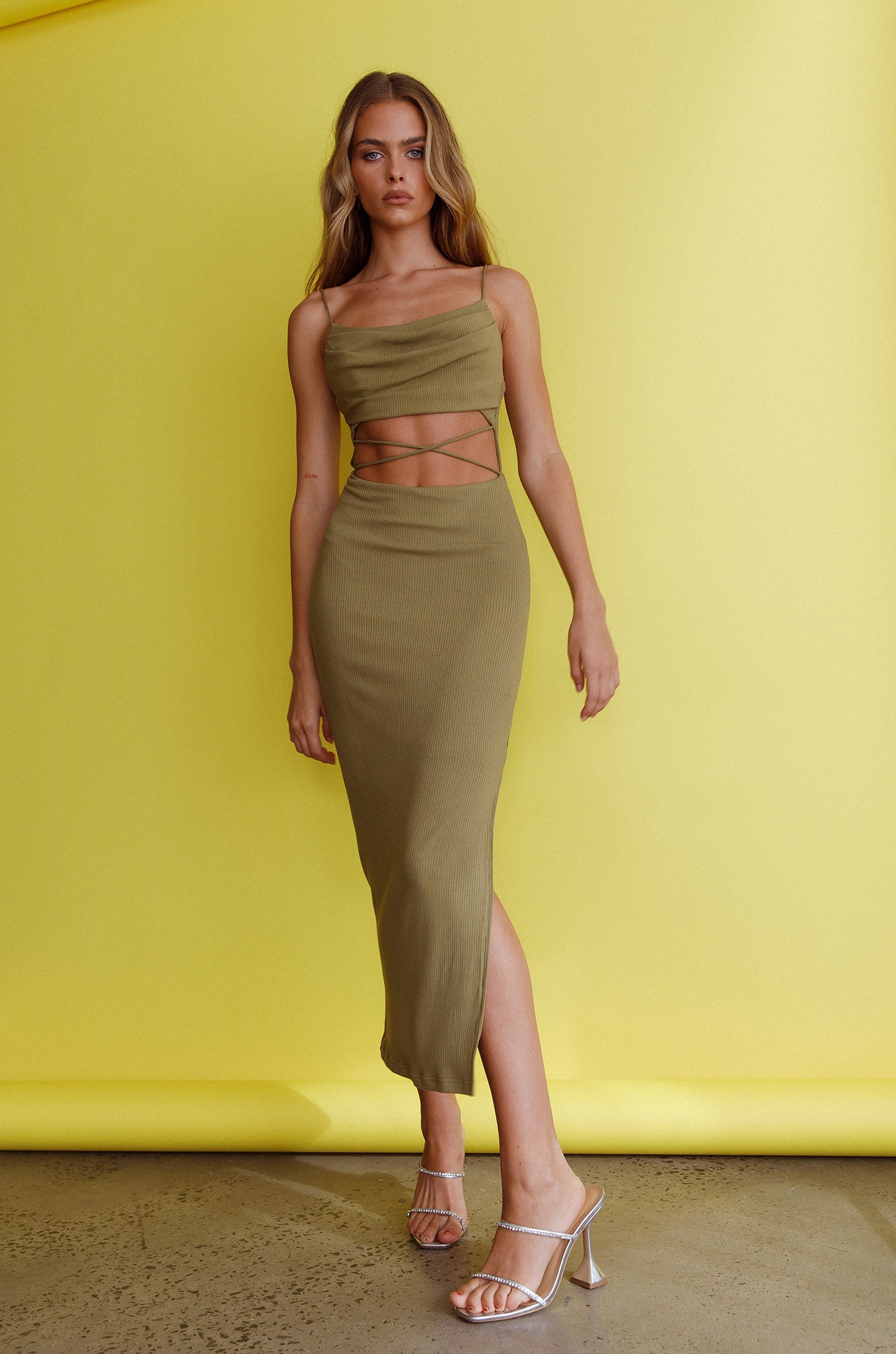 Crazy In Love Cowl Neck Cut-Out Waist Midi Dress Olive by Selfie Leslie