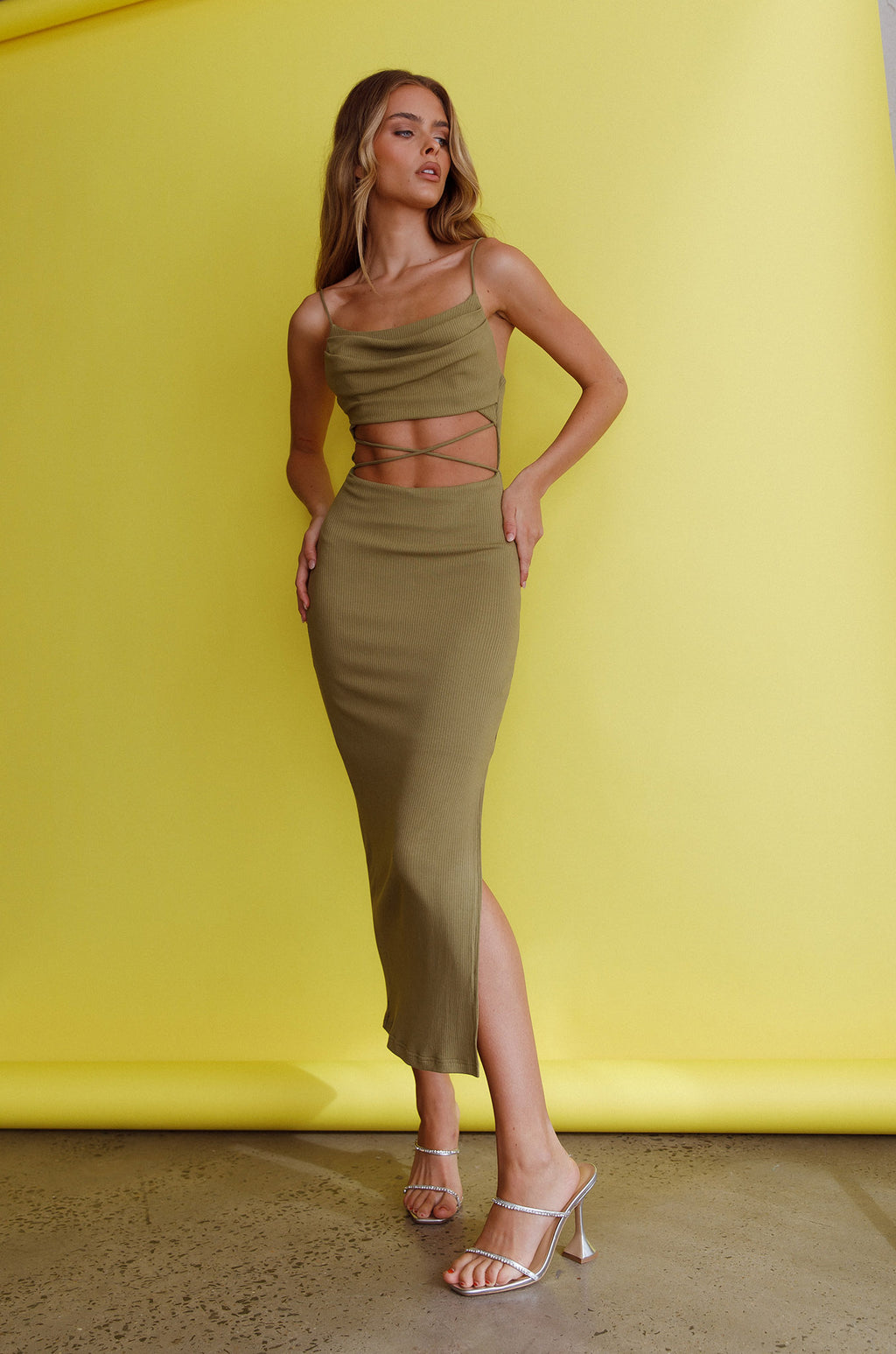 Crazy In Love Cowl Neck Cut-Out Waist Midi Dress Olive by Selfie Leslie