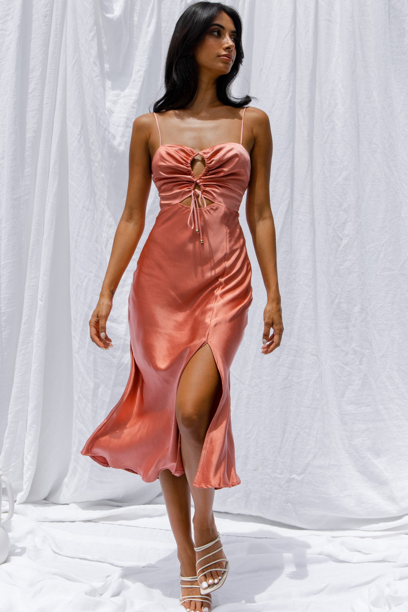 Date Night Drawstring Bust Midi Dress Rose by Selfie Leslie