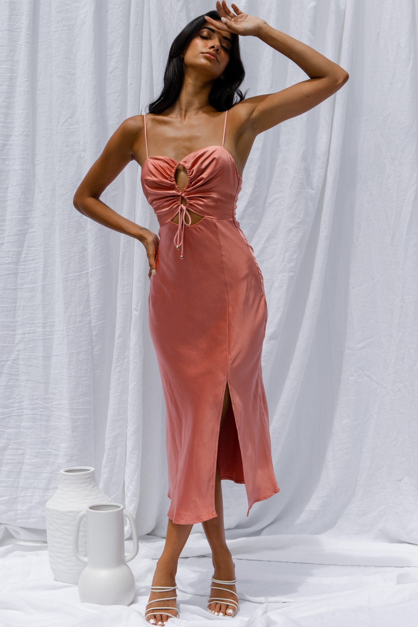 Date Night Drawstring Bust Midi Dress Rose by Selfie Leslie