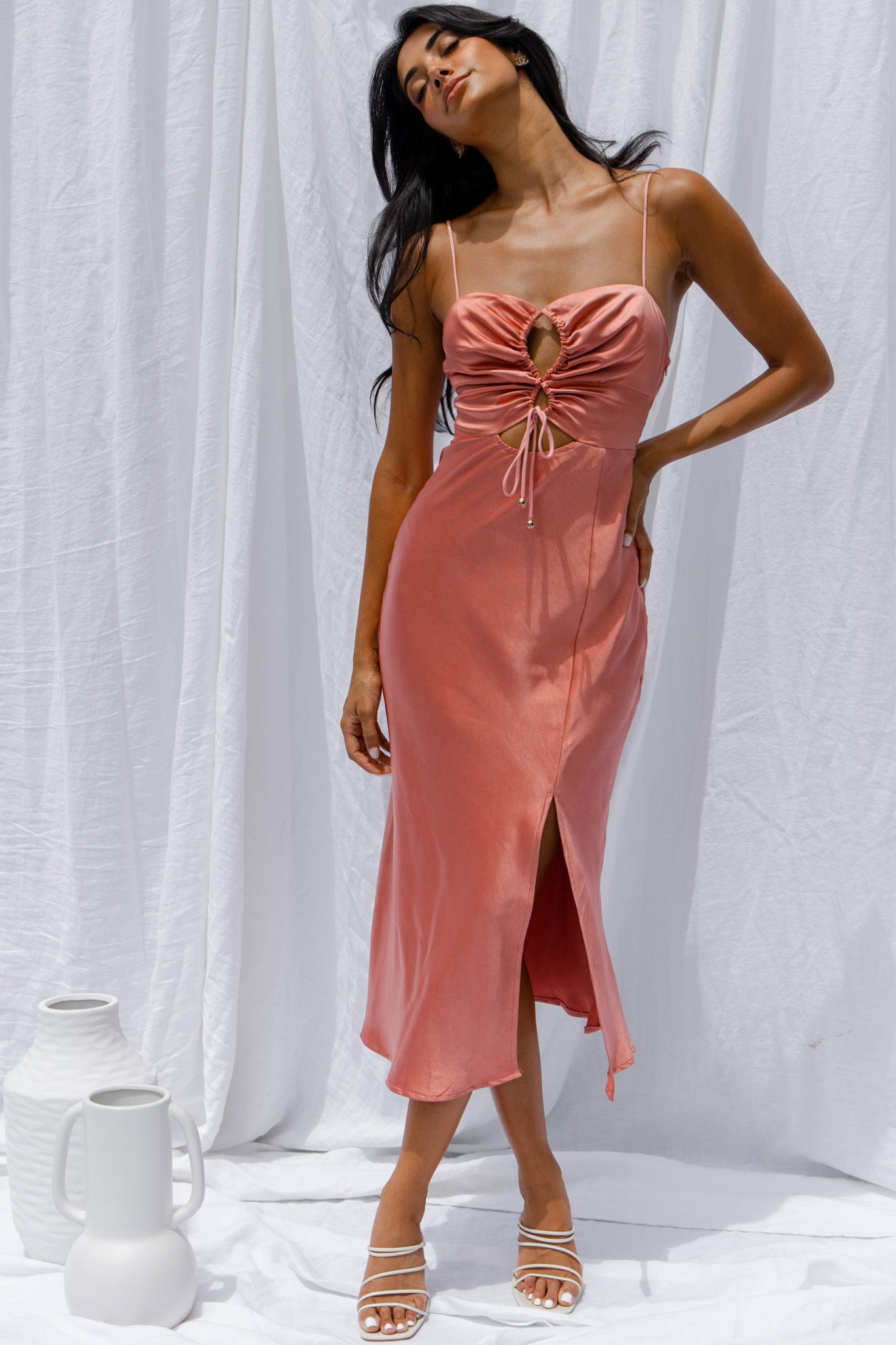Date Night Drawstring Bust Midi Dress Rose by Selfie Leslie
