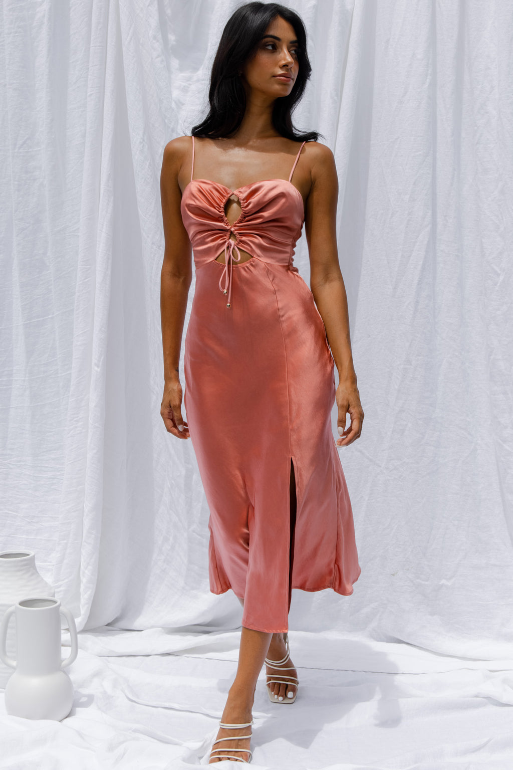 Date Night Drawstring Bust Midi Dress Rose by Selfie Leslie