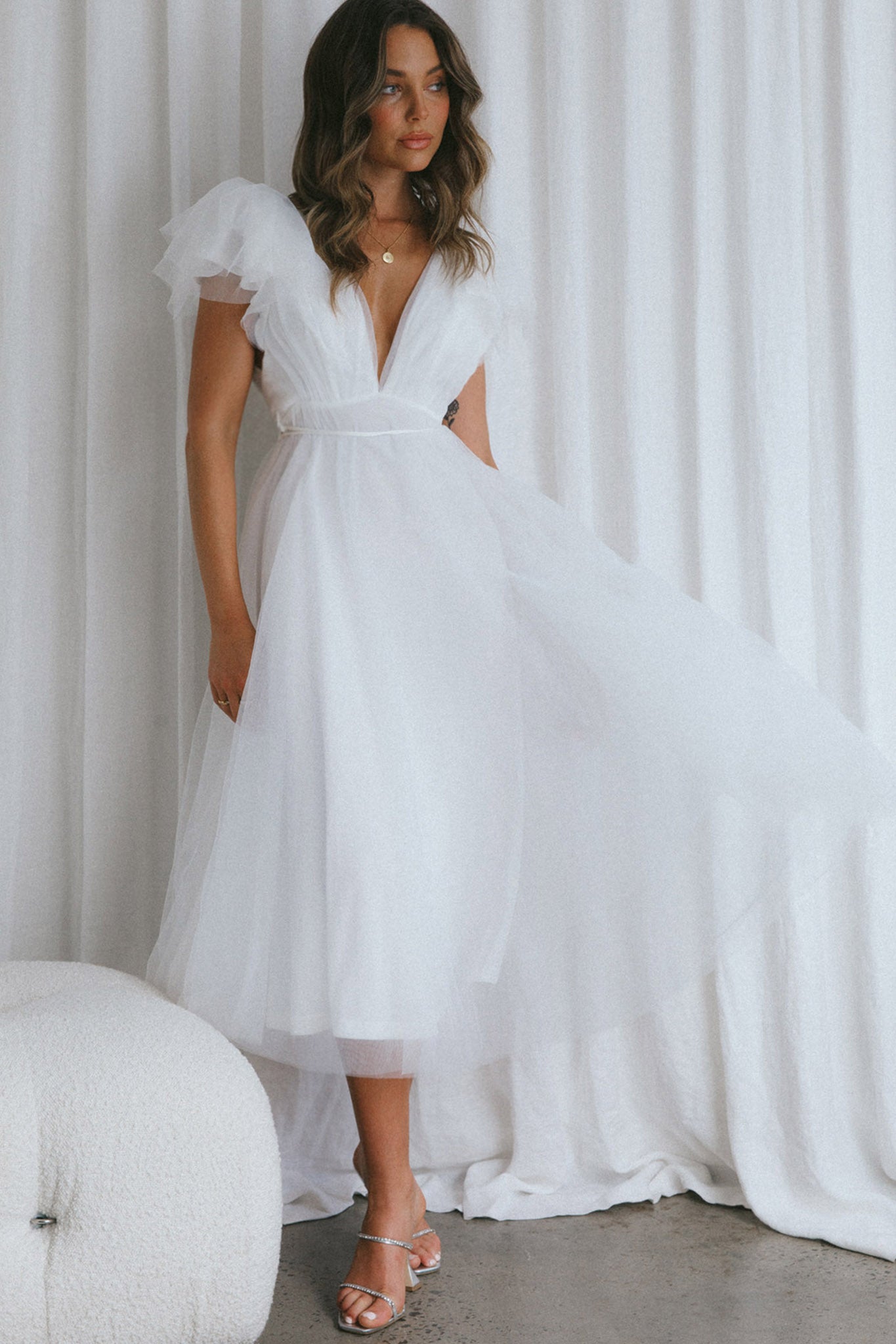white tulle midi dress with sleeves Sparkle Midi Dress With Balloon Sleeve Daisy