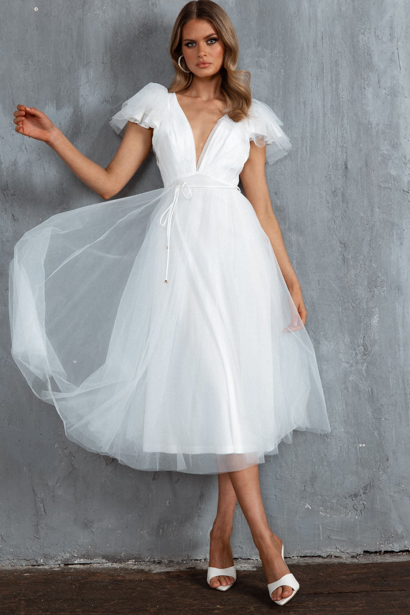 Leap Of Faith Frill Shoulder Tulle Midi Dress White