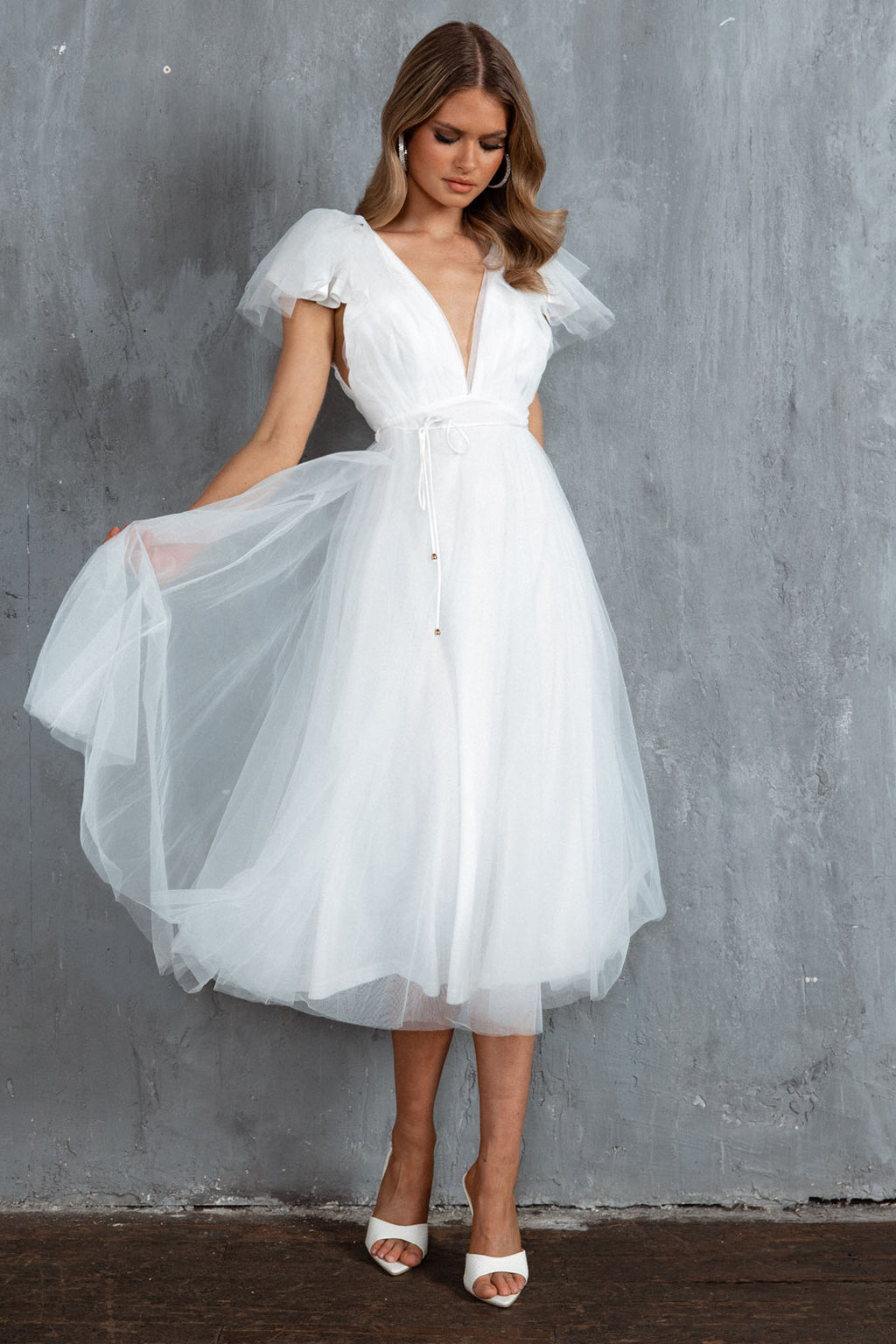 Leap Of Faith Frill Shoulder Tulle Midi Dress White by Selfie Leslie