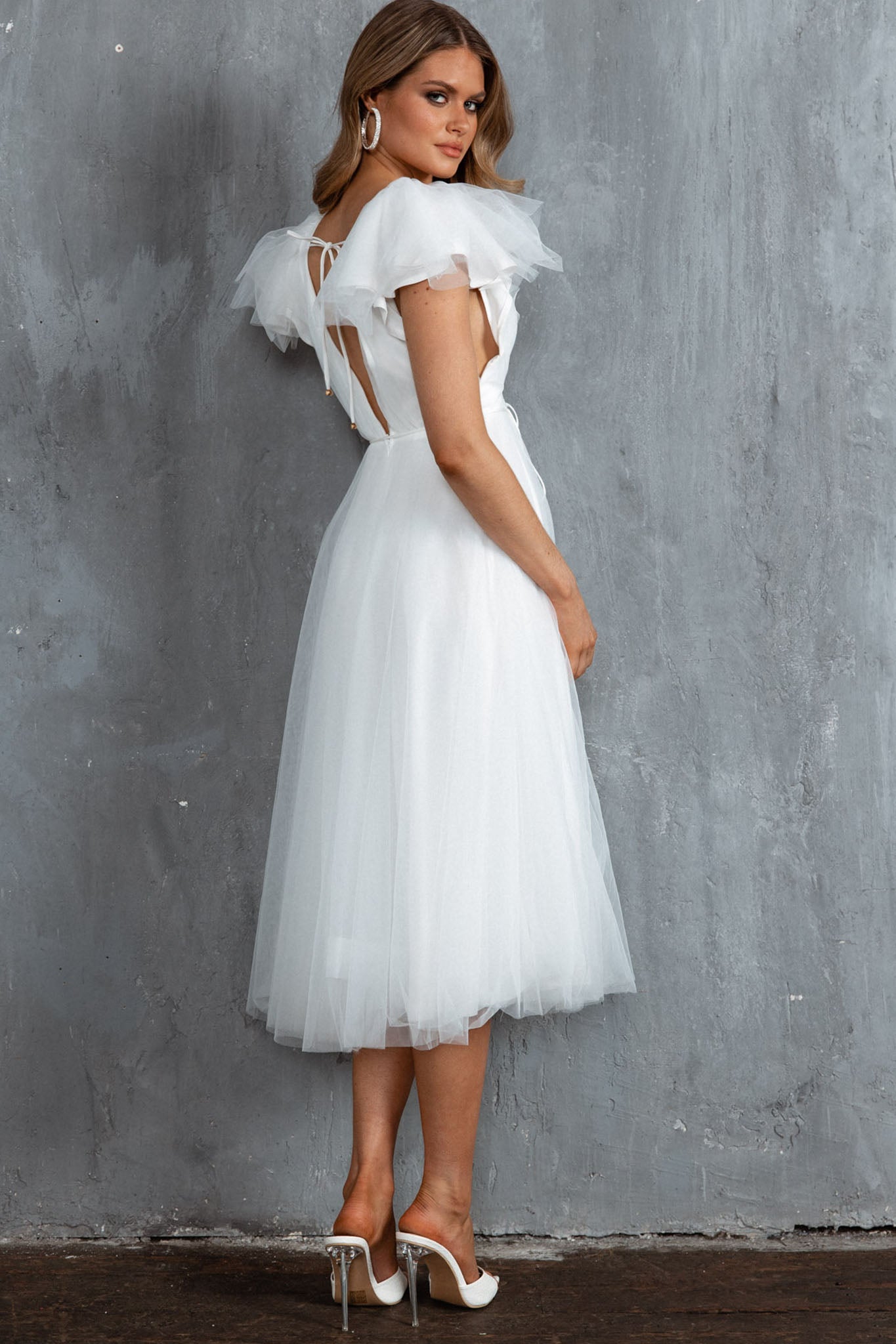 Leap Of Faith Frill Shoulder Tulle Midi Dress White by Selfie Leslie