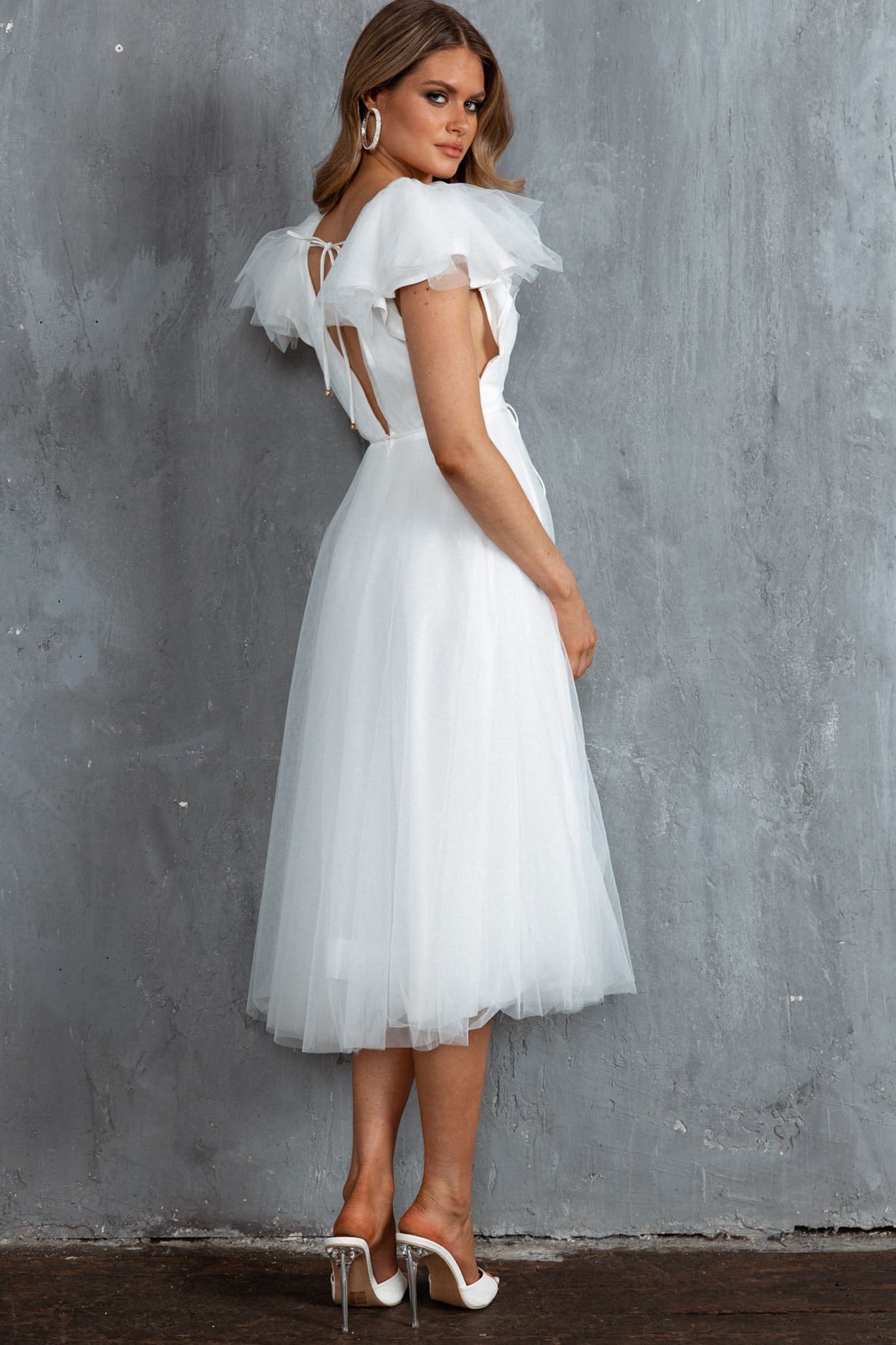 Shop the Leap Of Faith Frill Shoulder Tulle Midi Dress White