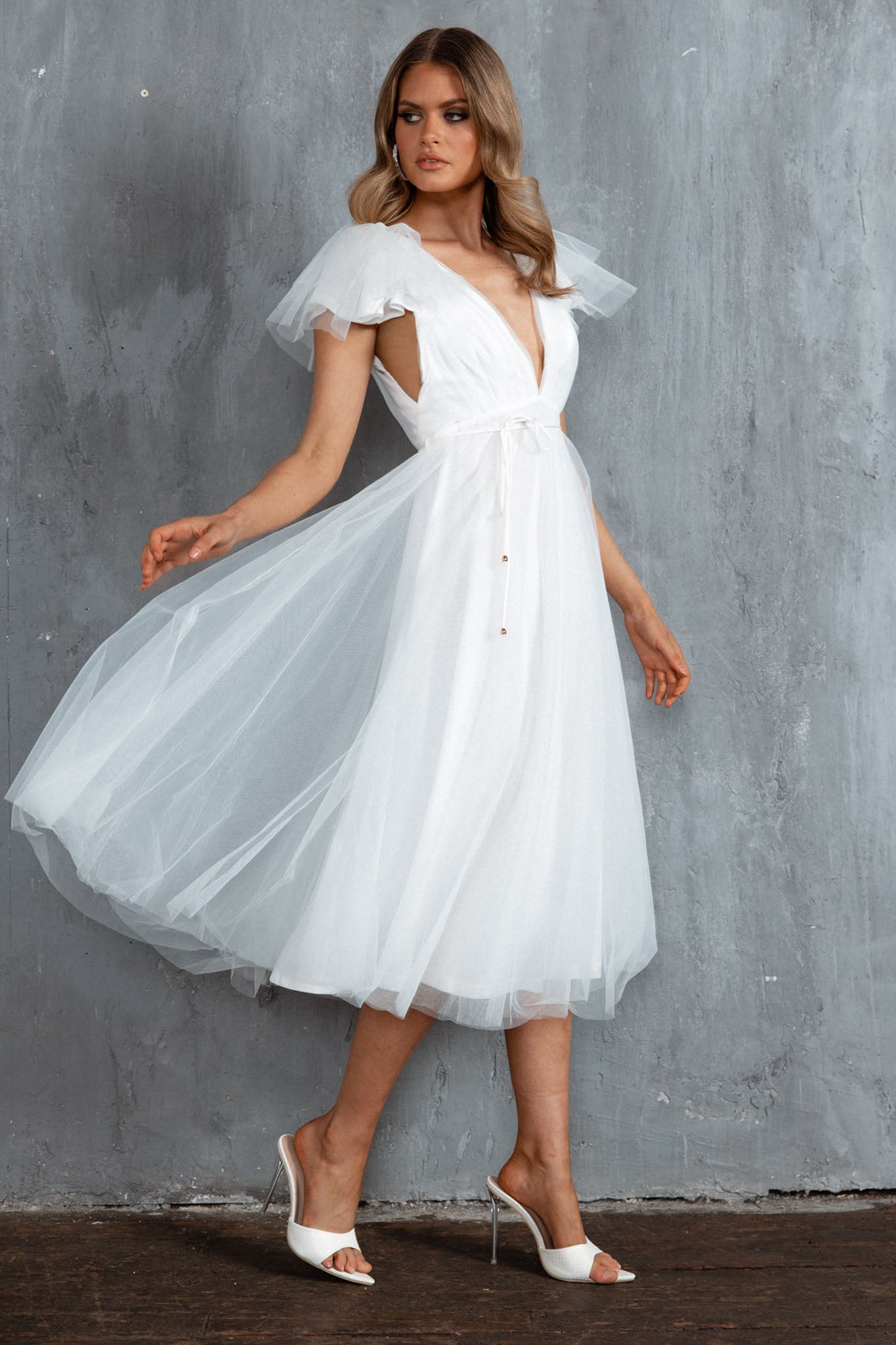 Leap Of Faith Frill Shoulder Tulle Midi Dress White by Selfie Leslie