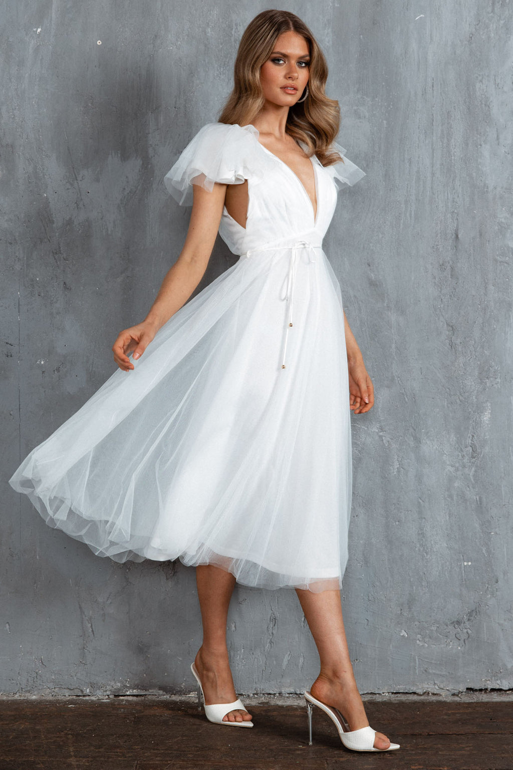 Leap Of Faith Frill Shoulder Tulle Midi Dress White by Selfie Leslie