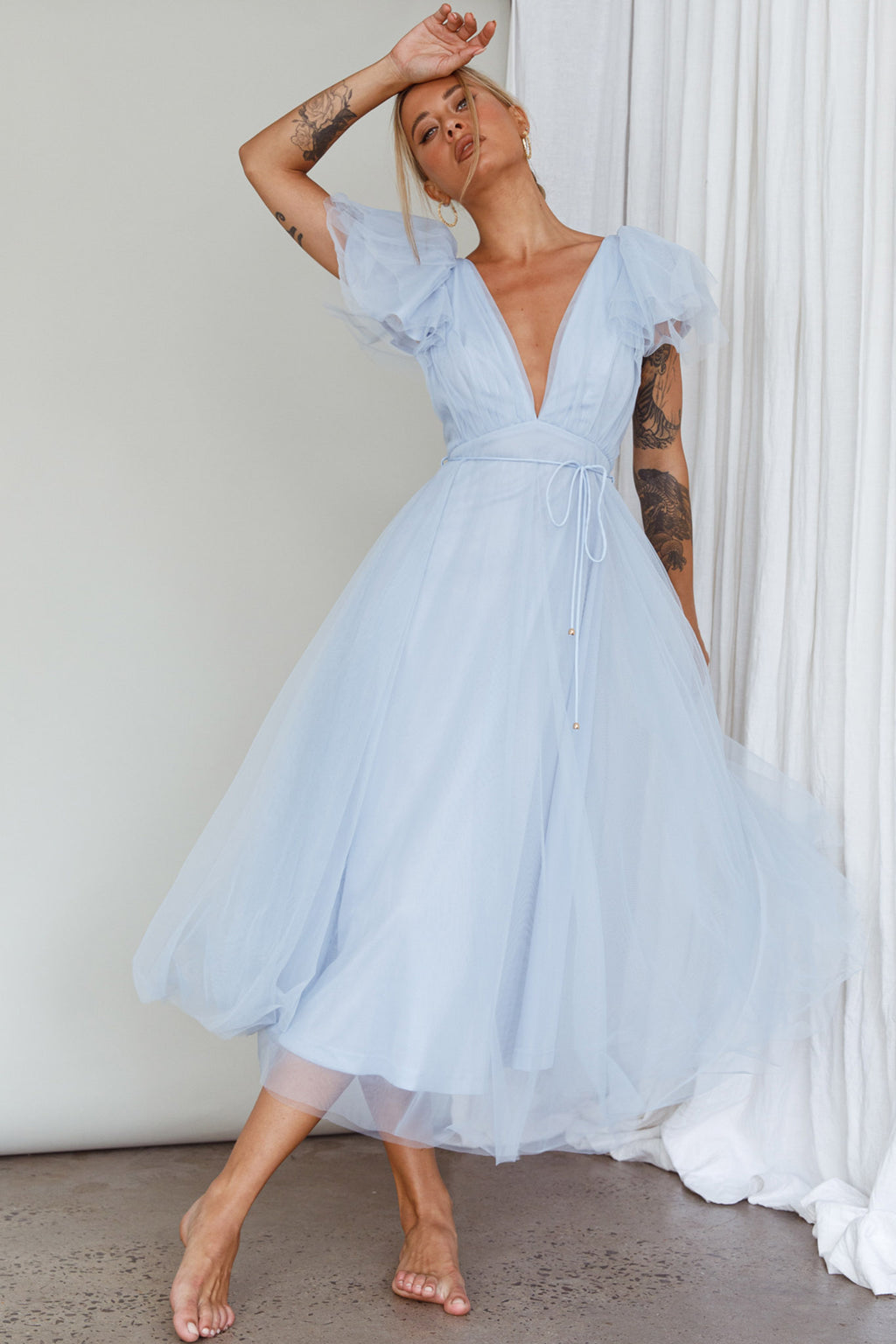 Leap Of Faith Frill Shoulder Tulle Midi Dress Blue by Selfie Leslie