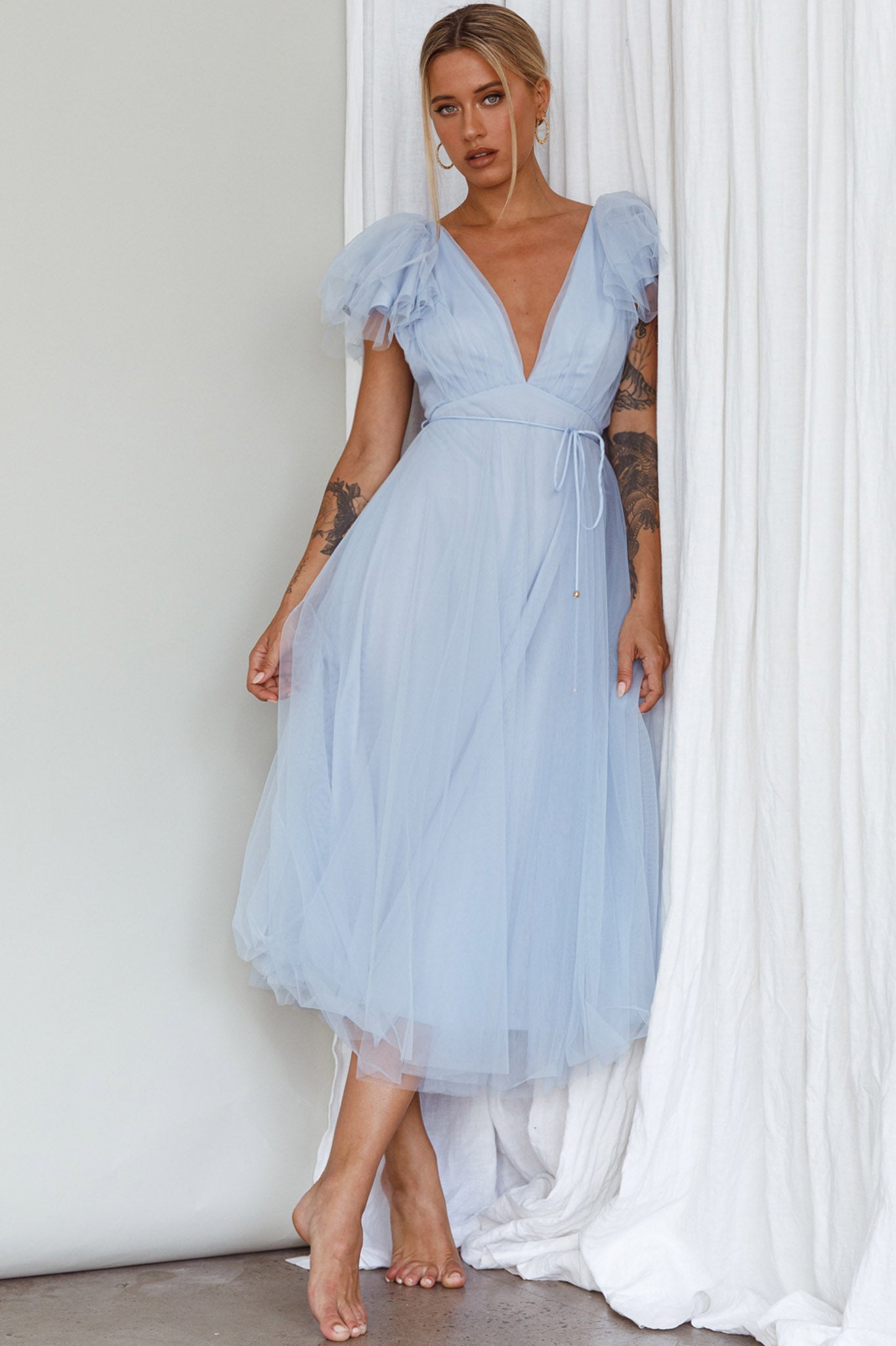 Leap Of Faith Frill Shoulder Tulle Midi Dress Blue by Selfie Leslie
