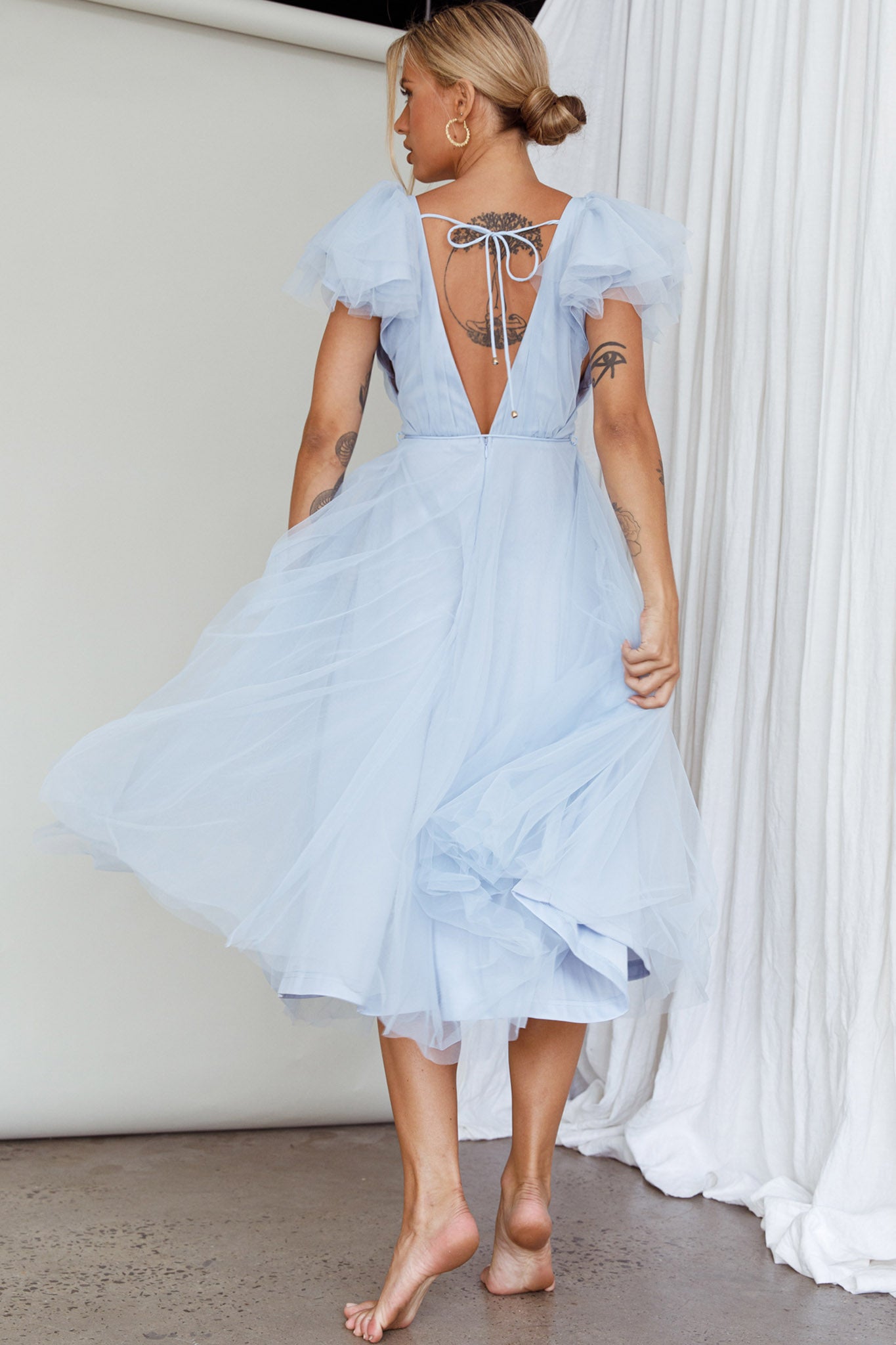 Leap Of Faith Frill Shoulder Tulle Midi Dress Blue by Selfie Leslie