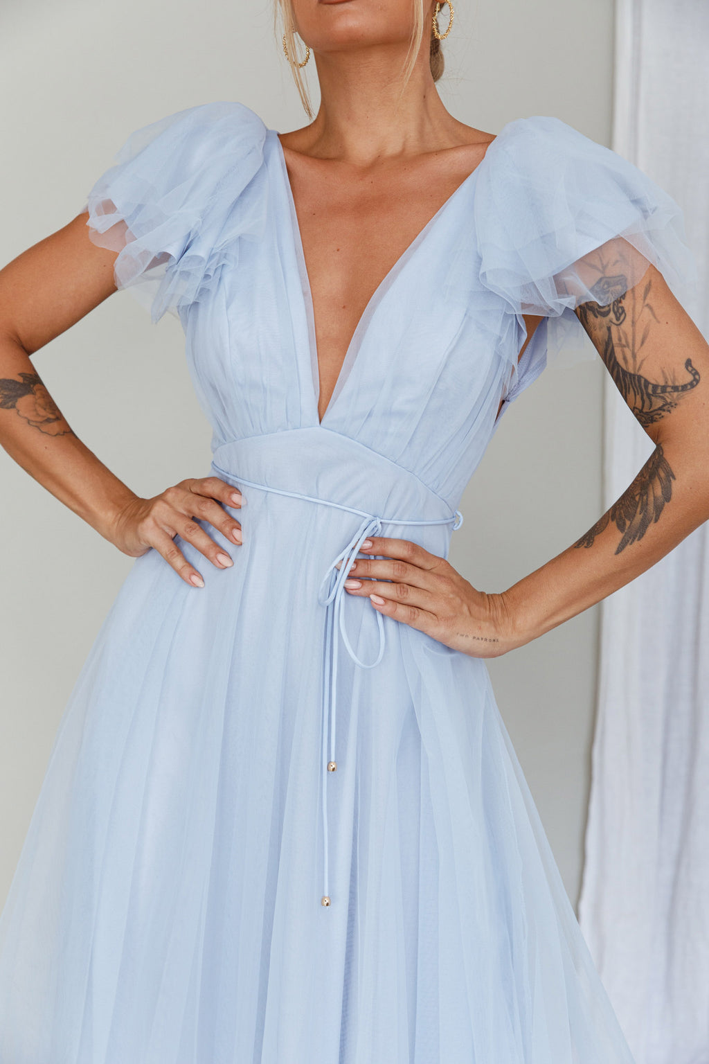 Leap Of Faith Frill Shoulder Tulle Midi Dress Blue by Selfie Leslie