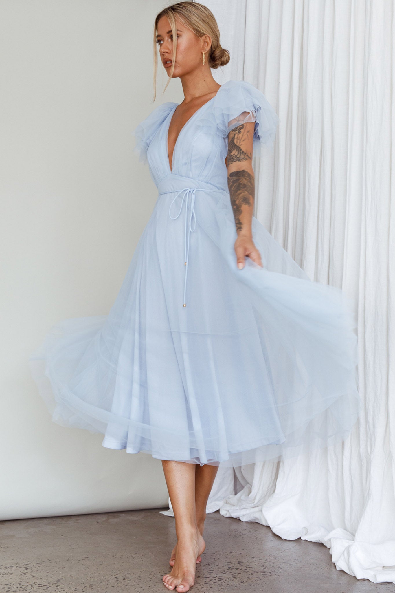 Leap Of Faith Frill Shoulder Tulle Midi Dress Blue by Selfie Leslie