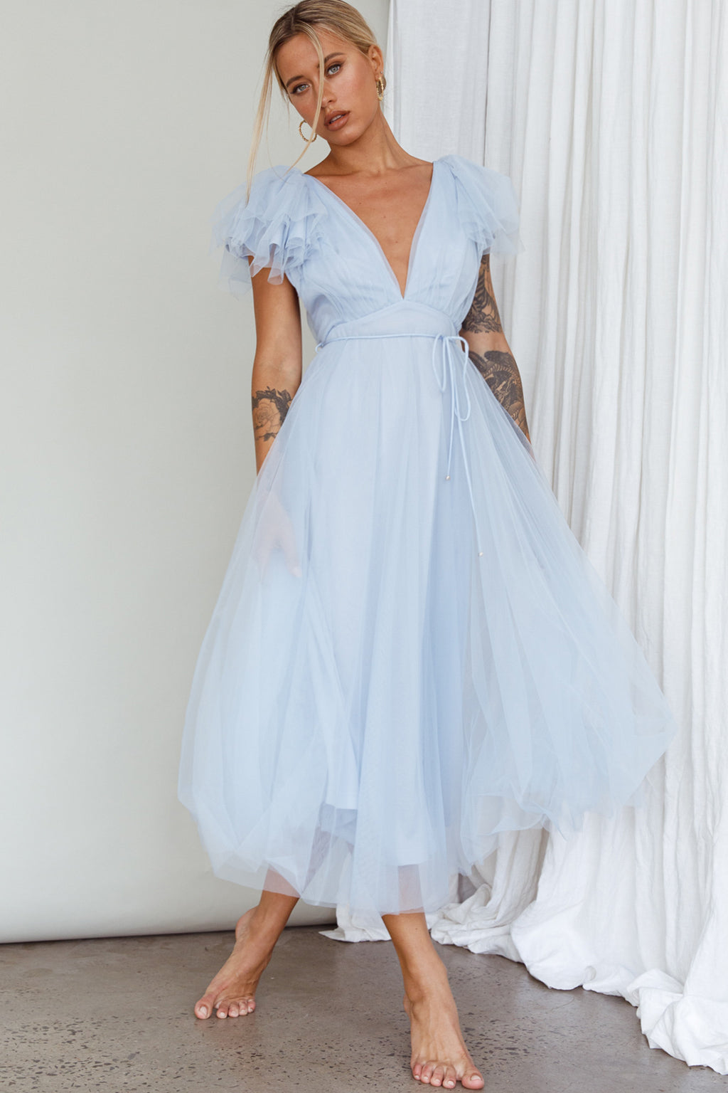 Leap Of Faith Frill Shoulder Tulle Midi Dress Blue by Selfie Leslie