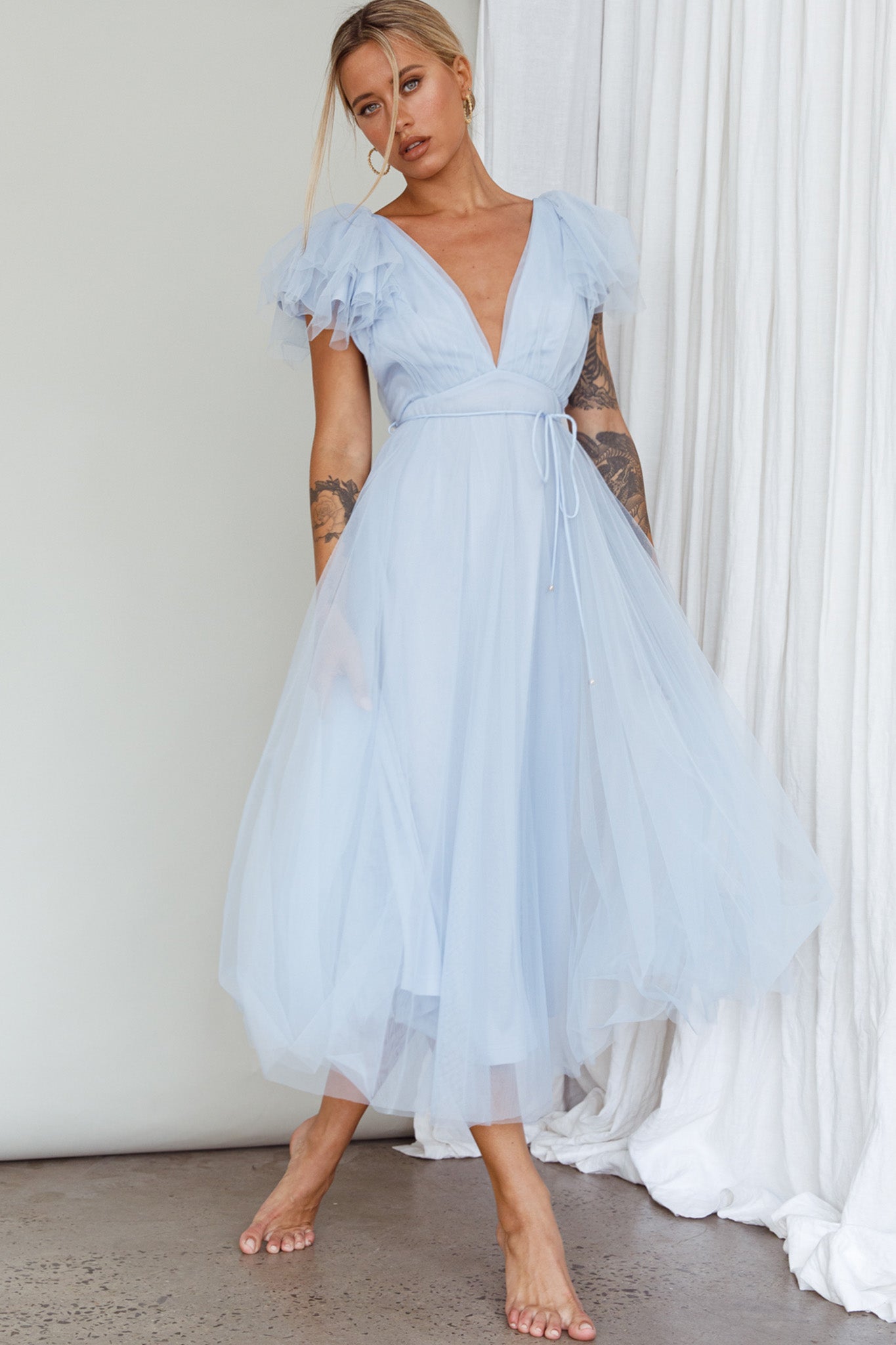 Leap Of Faith Frill Shoulder Tulle Midi Dress Blue by Selfie Leslie