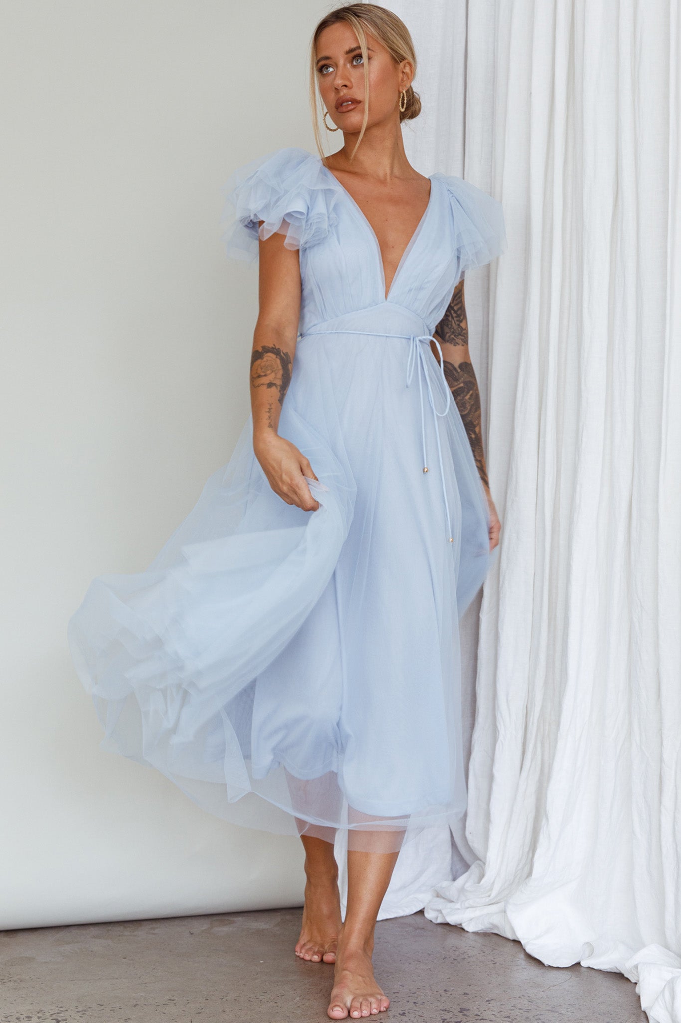 Leap Of Faith Frill Shoulder Tulle Midi Dress Blue by Selfie Leslie