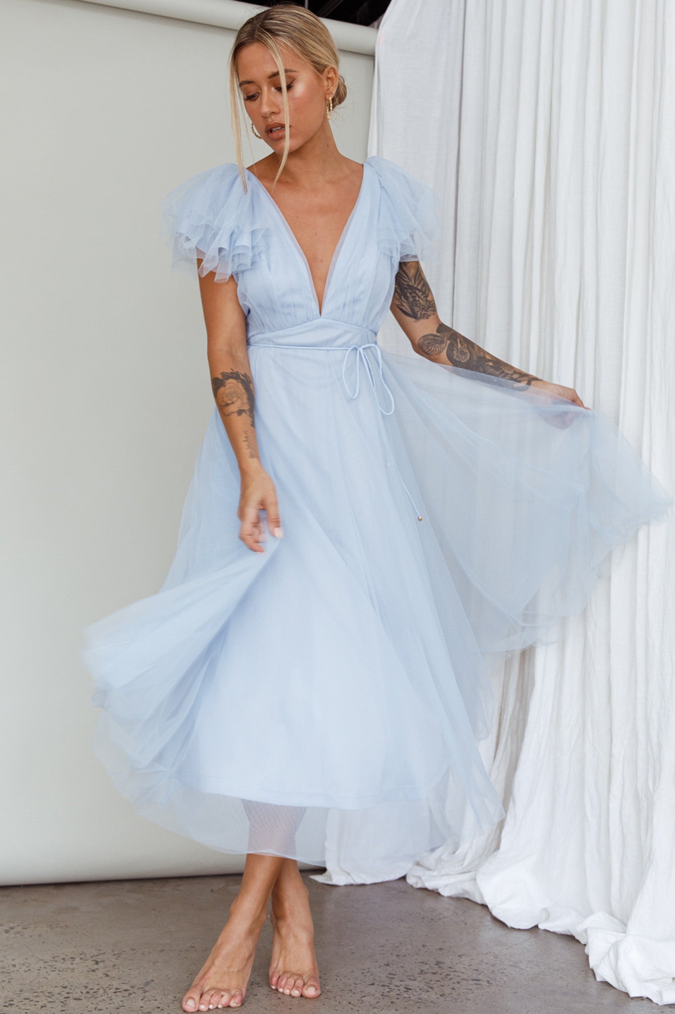 Leap Of Faith Frill Shoulder Tulle Midi Dress Blue by Selfie Leslie
