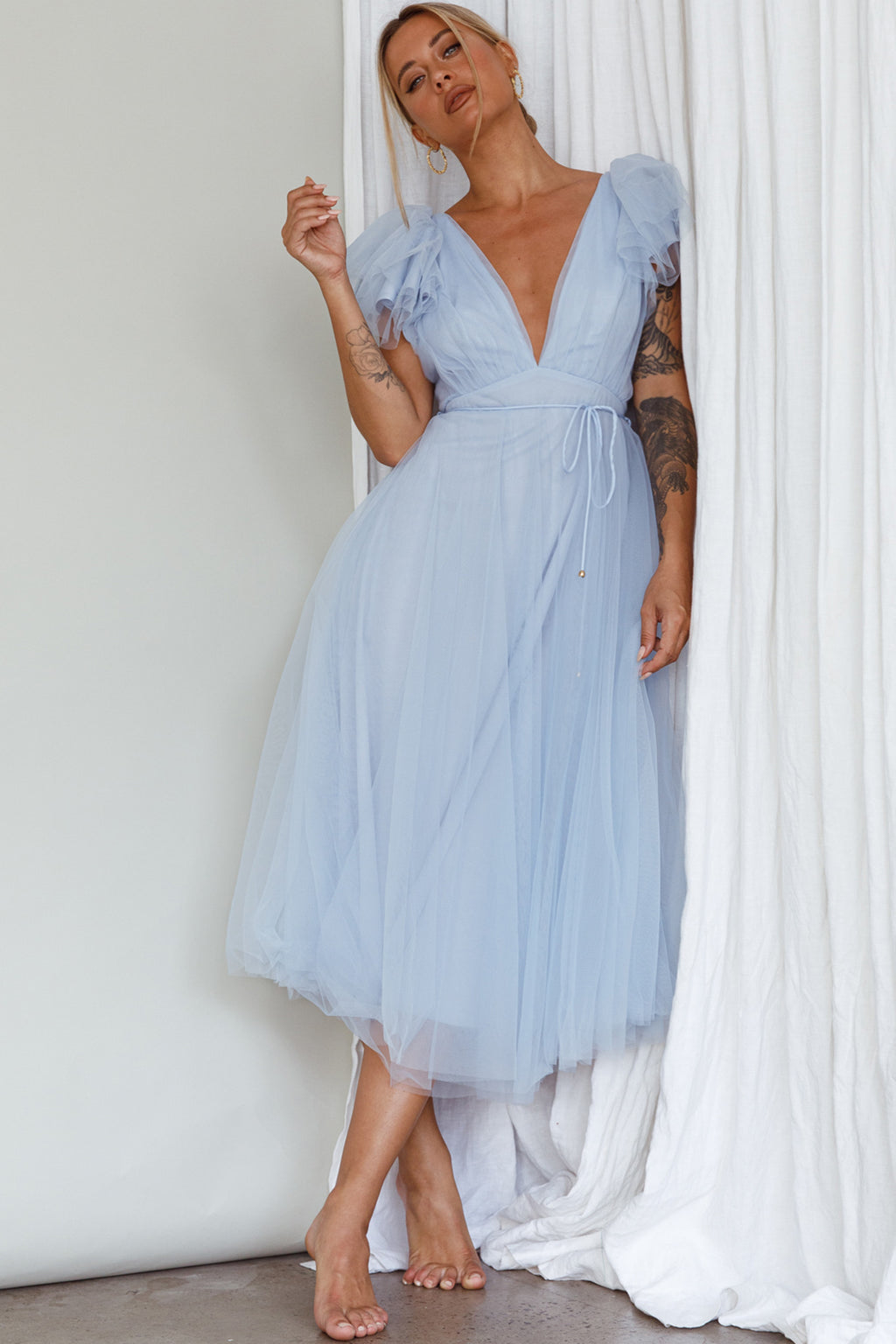 Leap Of Faith Frill Shoulder Tulle Midi Dress Blue by Selfie Leslie