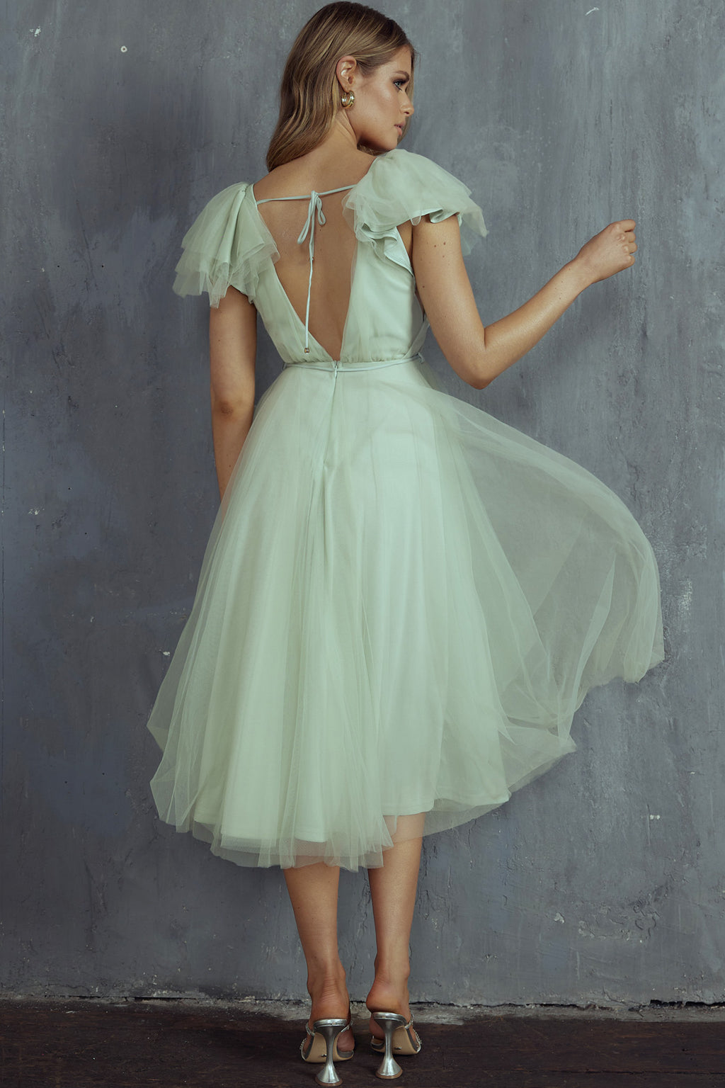 Leap Of Faith Frill Shoulder Tulle Midi Dress Pistachio by Selfie Leslie