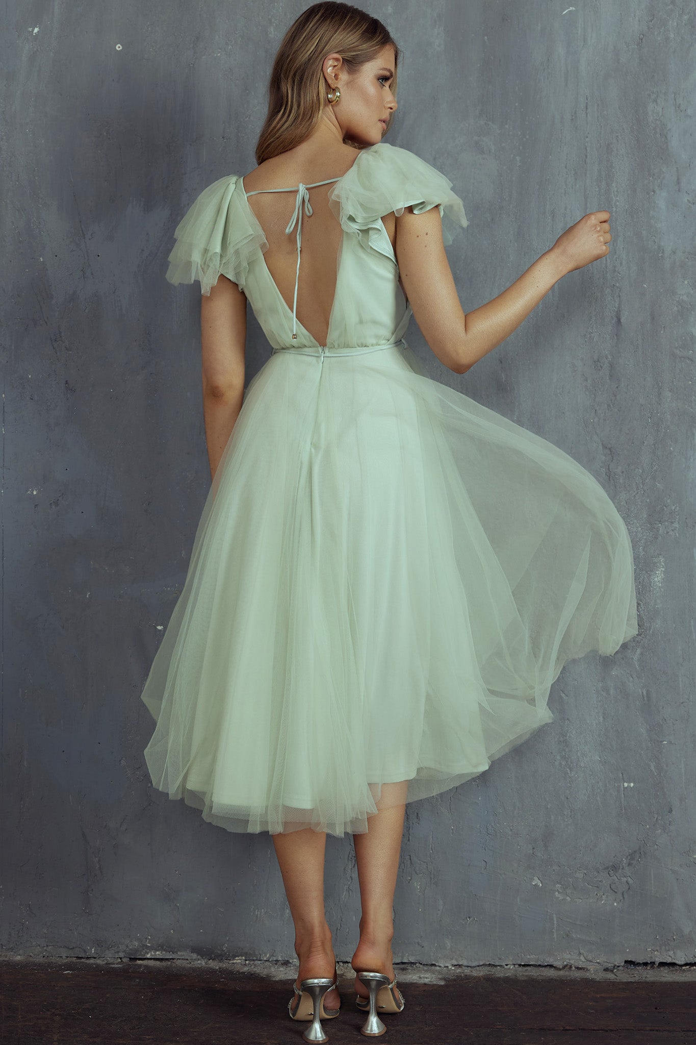 green tulle midi dress Leap Of Faith Frill Shoulder Tulle Midi Dress Pistachio– Selfie Leslie