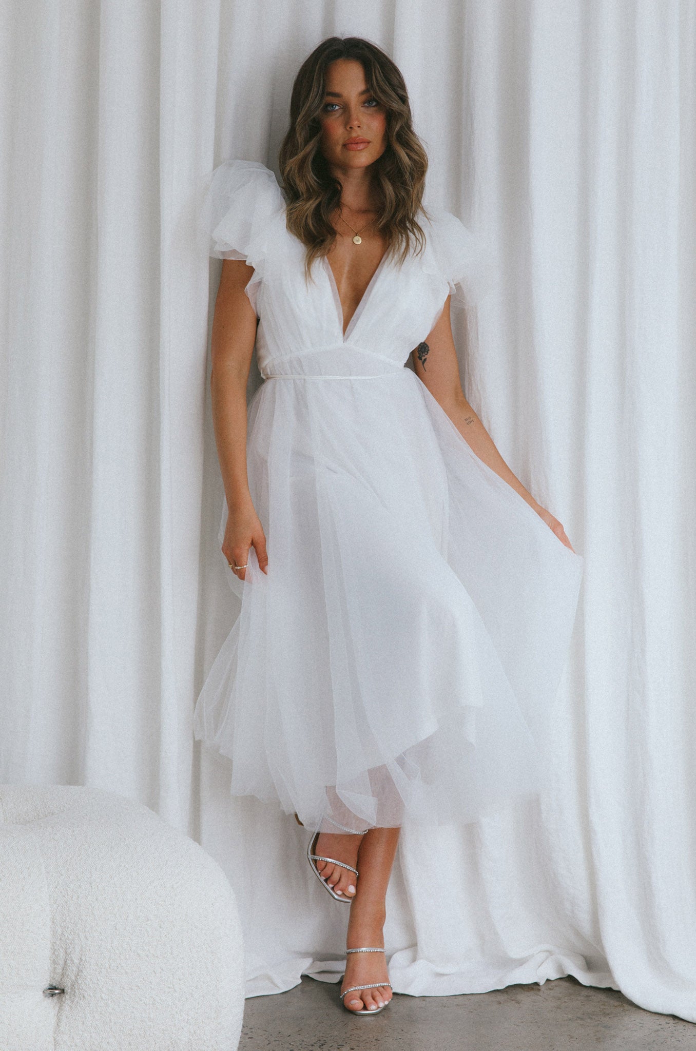 Leap Of Faith Frill Shoulder Tulle Midi Dress White | Selfie Leslie