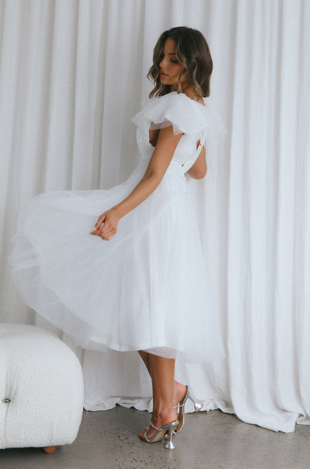 Leap Of Faith Frill Shoulder Tulle Midi Dress White by Selfie Leslie