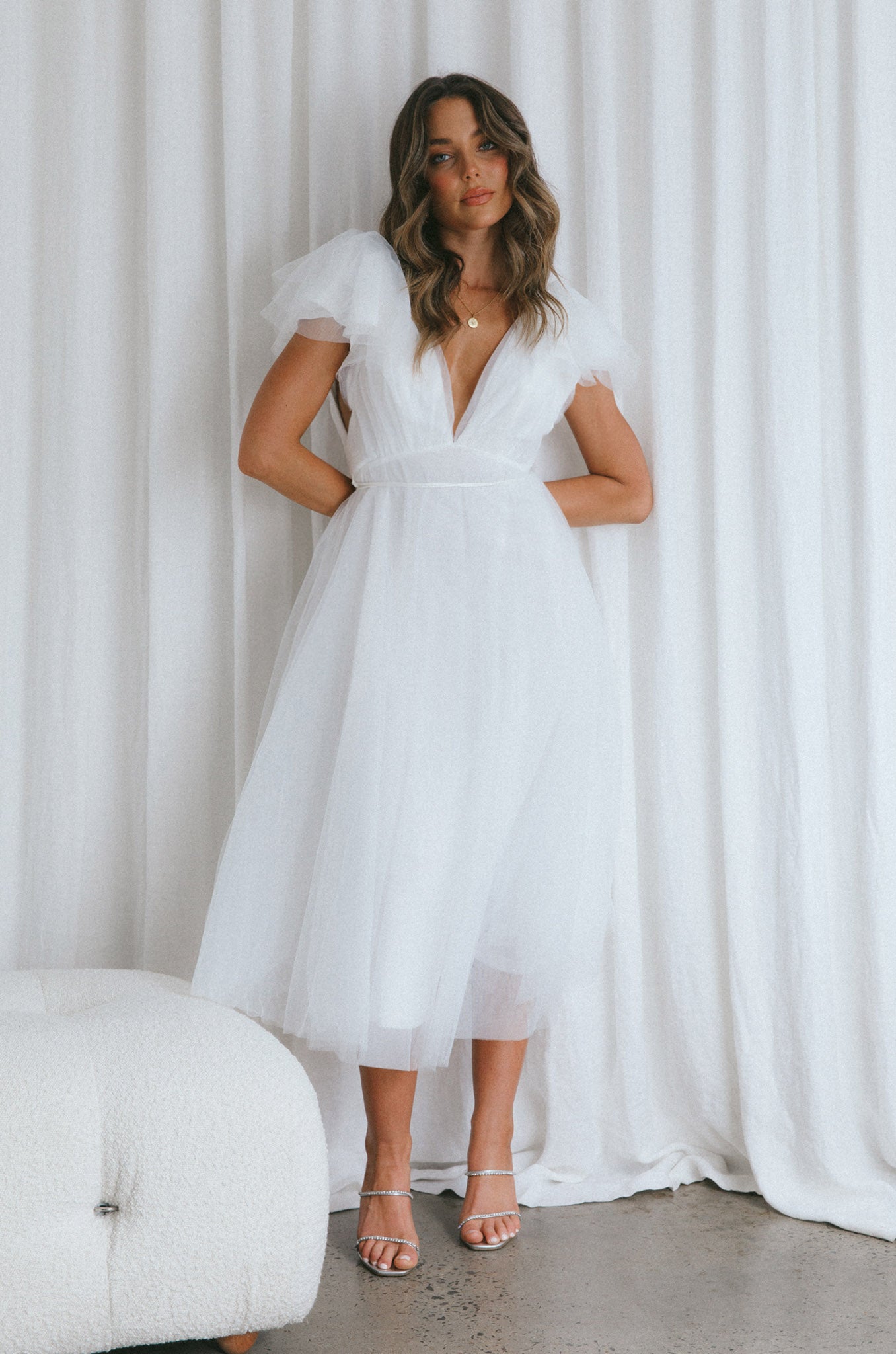 Shop the Leap Of Faith Frill Shoulder Tulle Midi Dress White