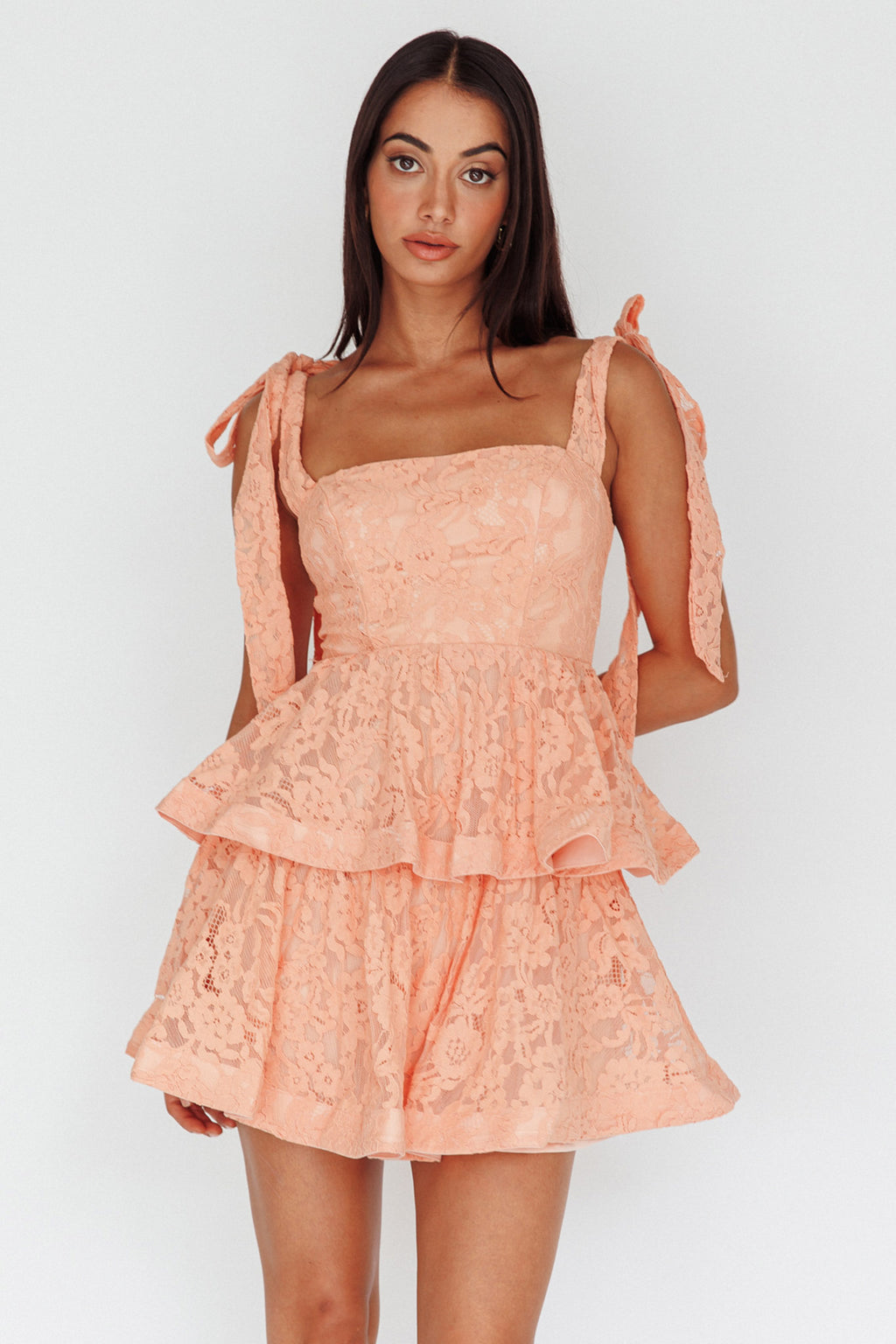 Neriah Tied Shoulder Tiered Lace Mini Dress Orange by Selfie Leslie
