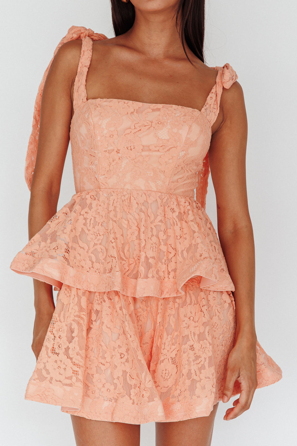 Neriah Tied Shoulder Tiered Lace Mini Dress Orange by Selfie Leslie