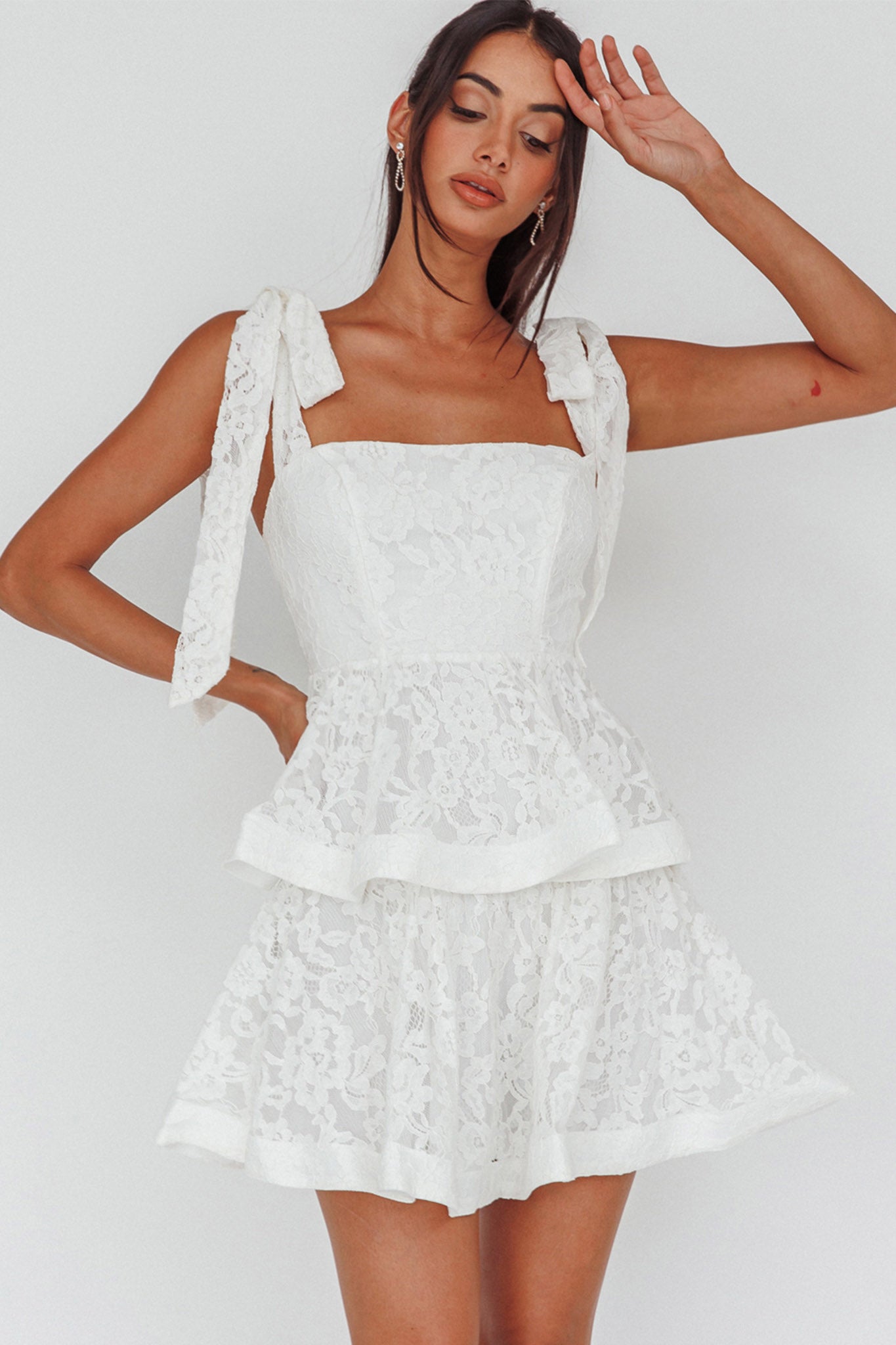 Shop the Neriah Tied Shoulder Tiered Lace Mini Dress White | Selfie Leslie