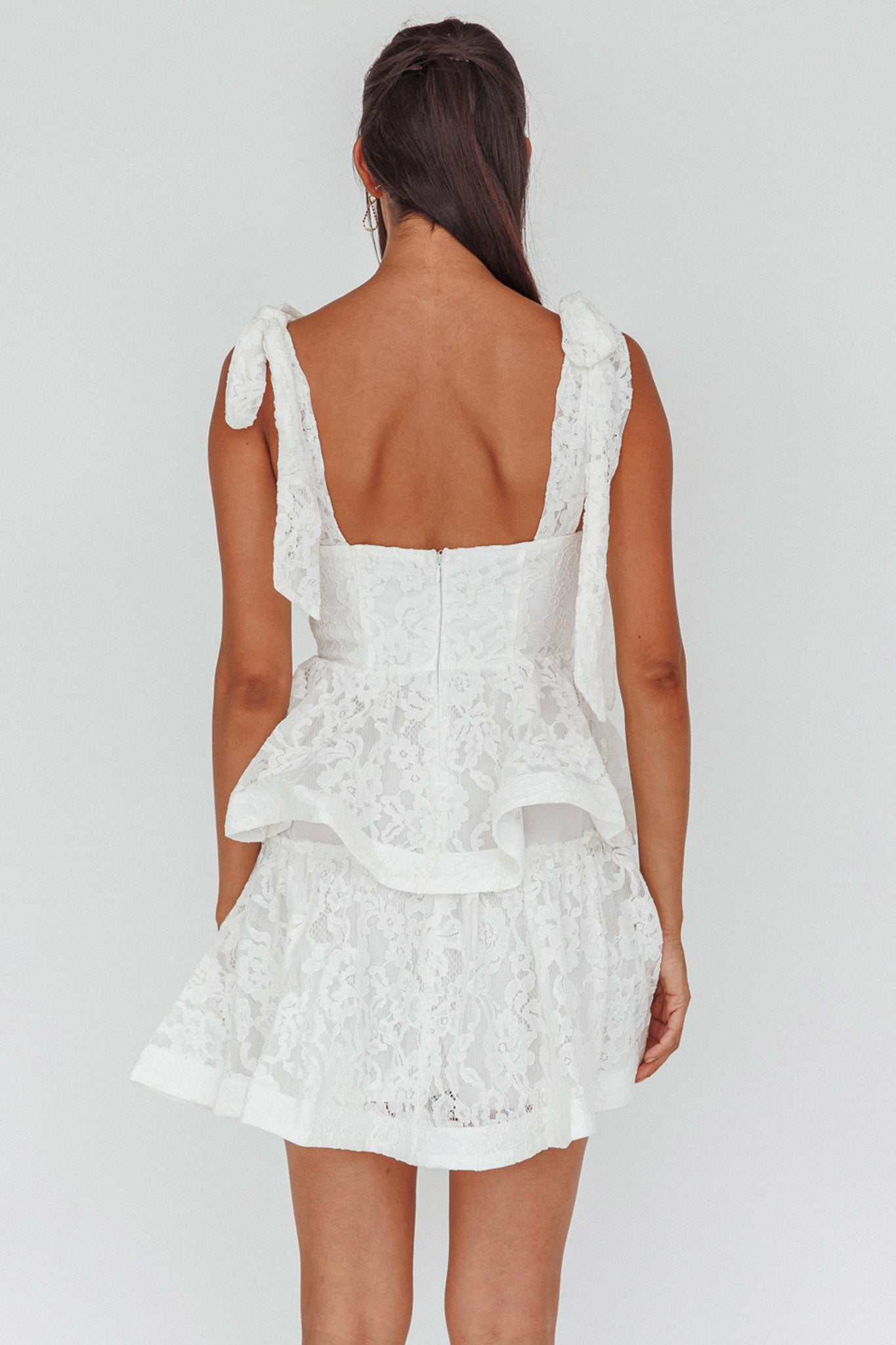 Neriah Tied Shoulder Tiered Lace Mini Dress White Neriah Tied Shoulder Tiered Lace Mini Dress White