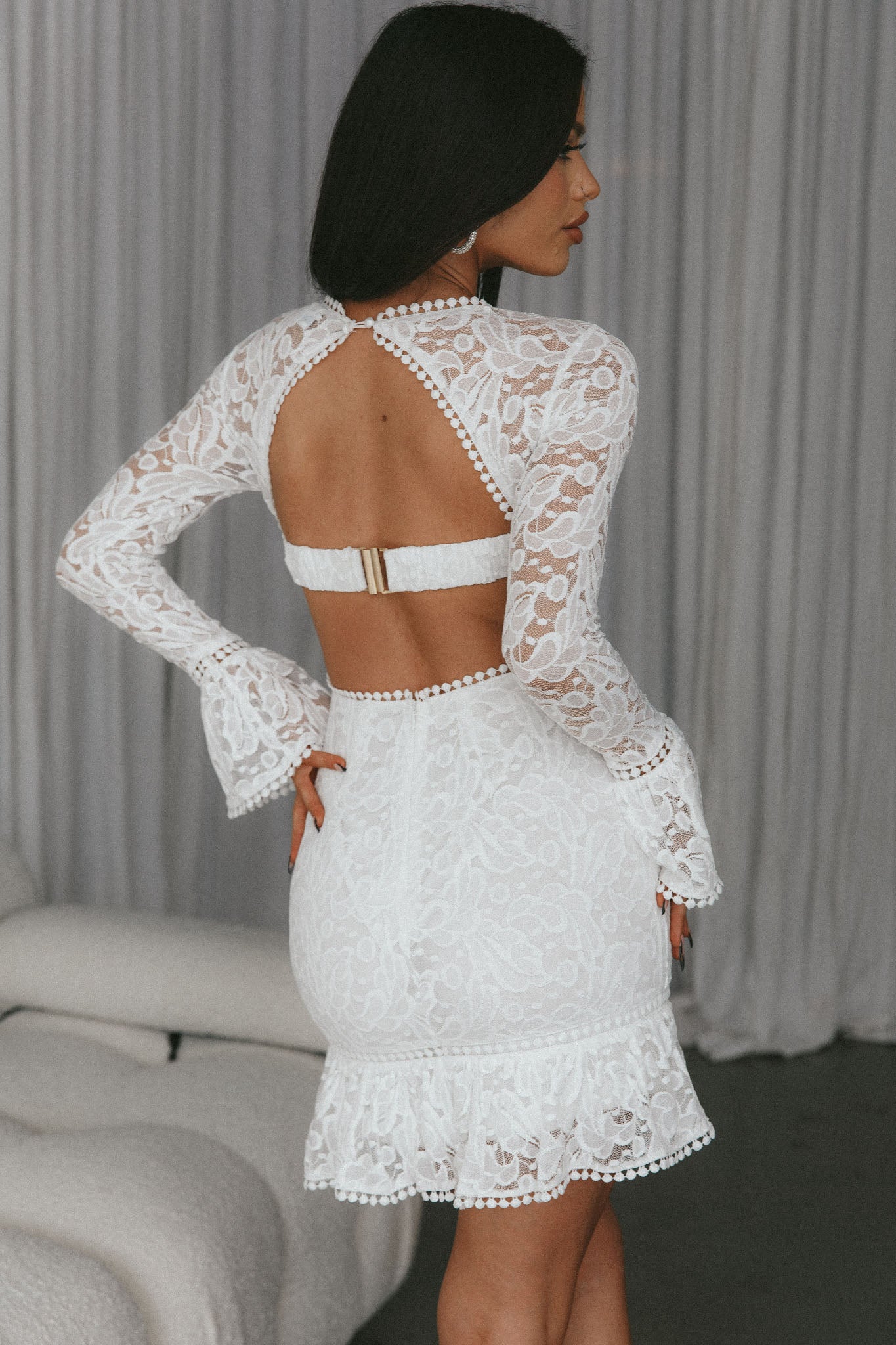 Elis Long Sleeve Buckle Dress Lace White– Selfie Leslie