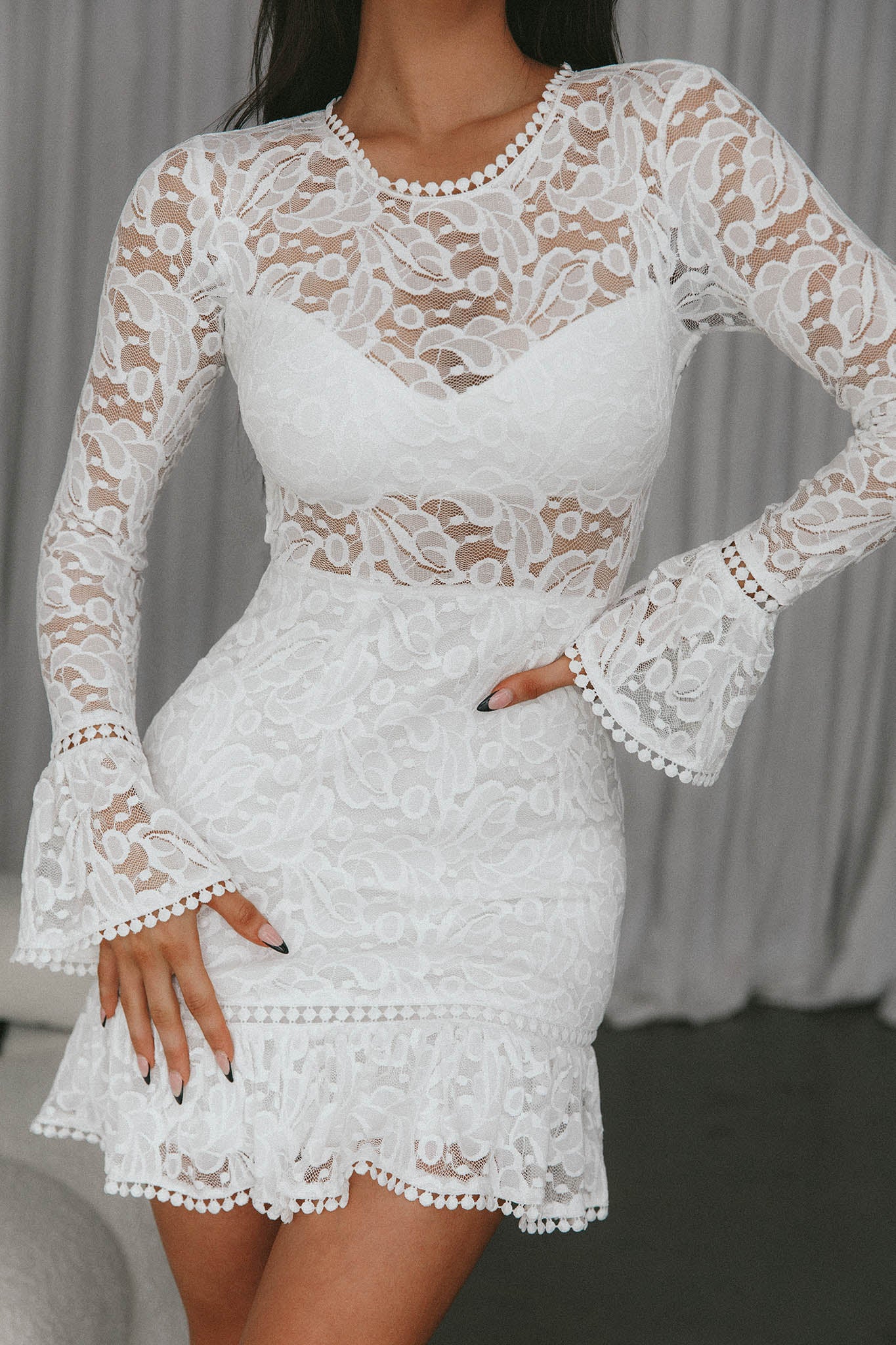 Elis Long Sleeve Buckle Dress Lace White by Selfie Leslie
