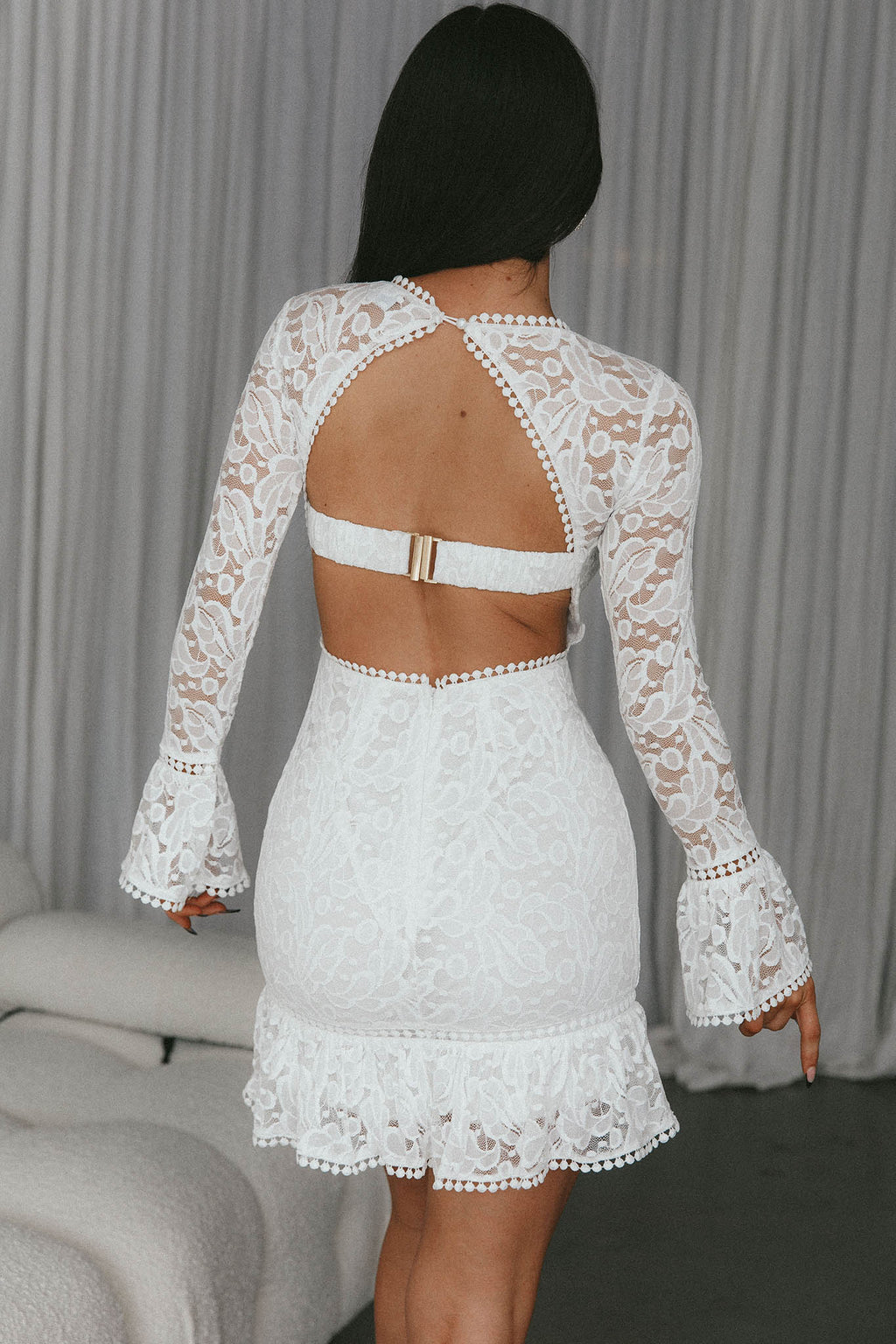 Elis Long Sleeve Buckle Dress Lace White by Selfie Leslie