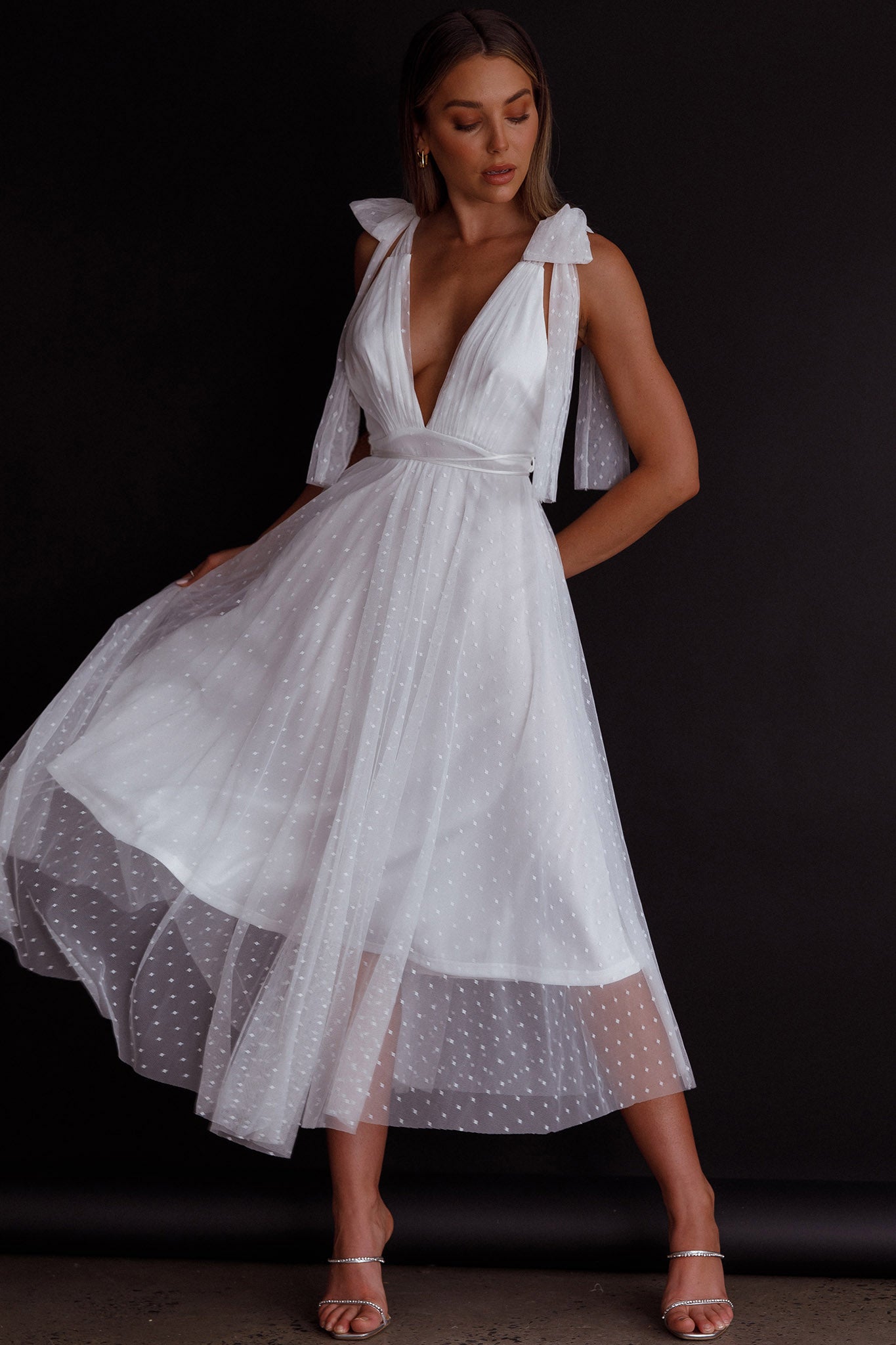 Kathryn Tied Shoulder Mesh Midi Dress White by Selfie Leslie