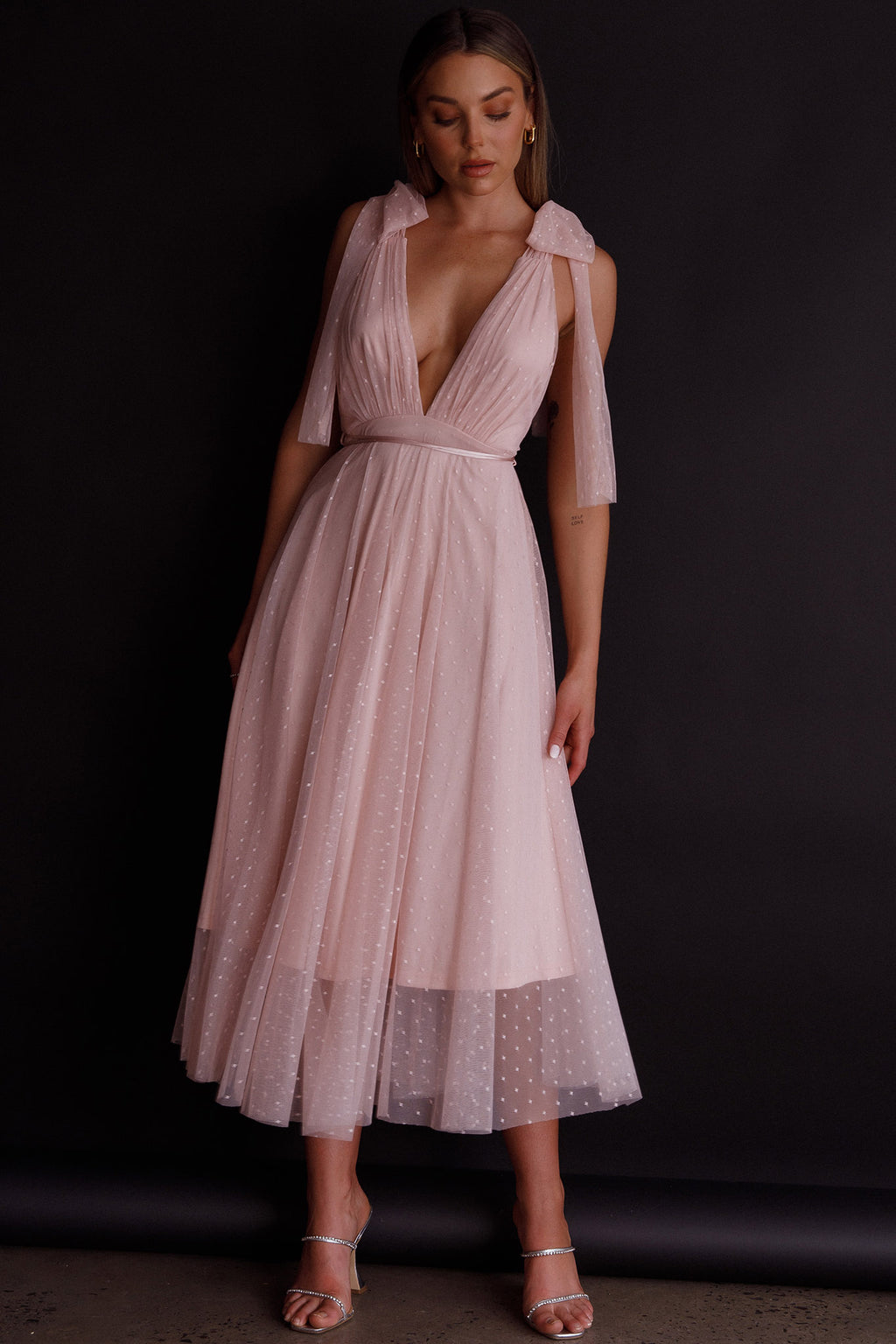 Kathryn Tied Shoulder Mesh Midi Dress Blush by Selfie Leslie
