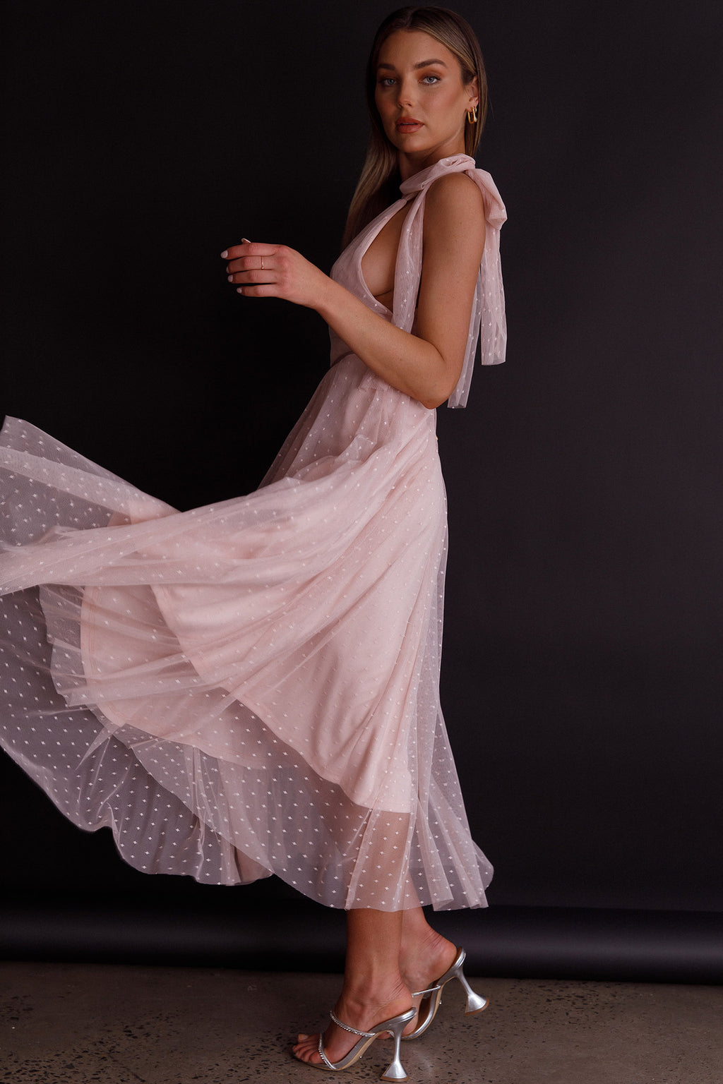 Kathryn Tied Shoulder Mesh Midi Dress Blush by Selfie Leslie
