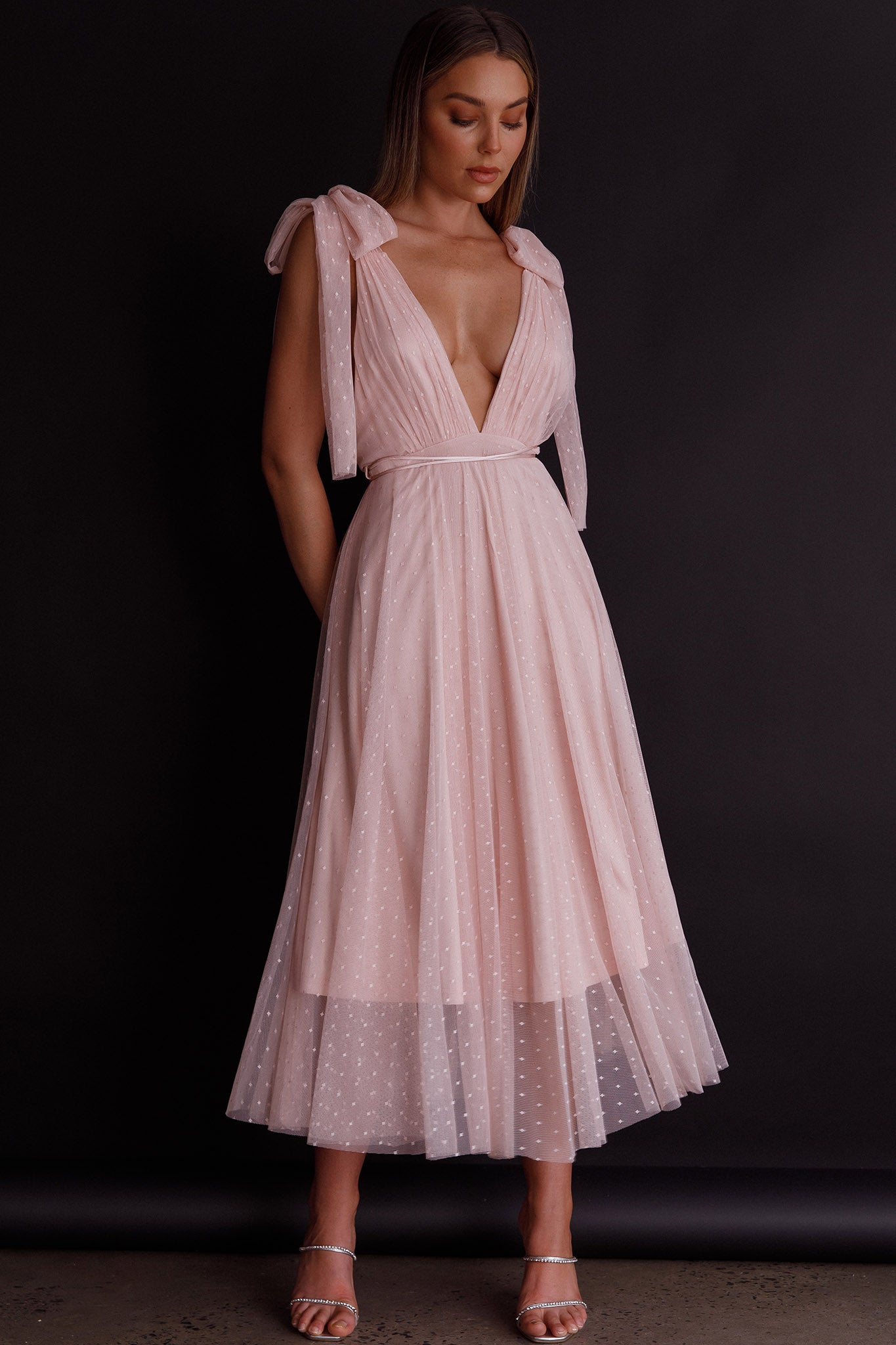 Kathryn Tied Shoulder Mesh Midi Dress Blush by Selfie Leslie