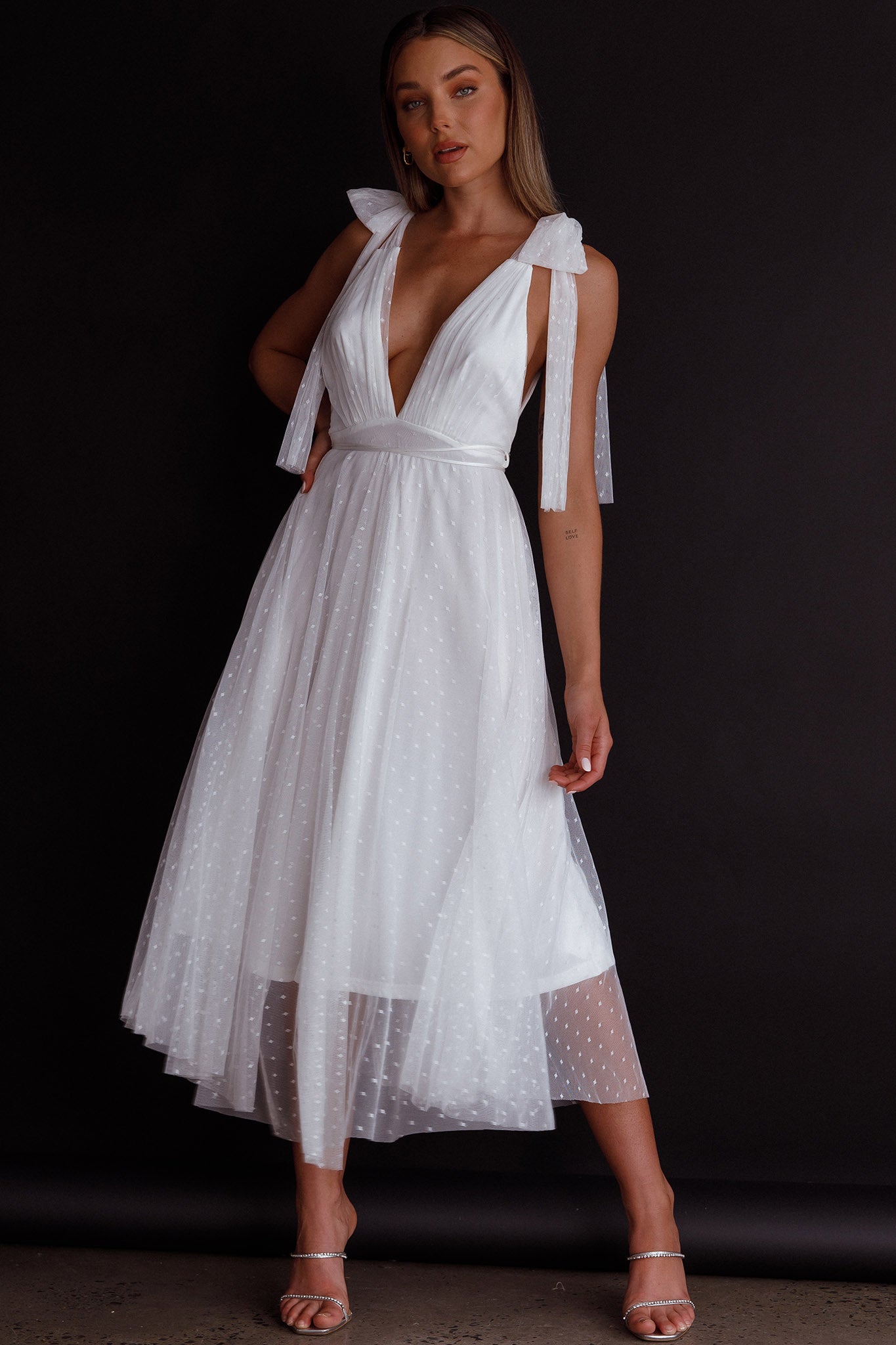Kathryn Tied Shoulder Mesh Midi Dress White by Selfie Leslie