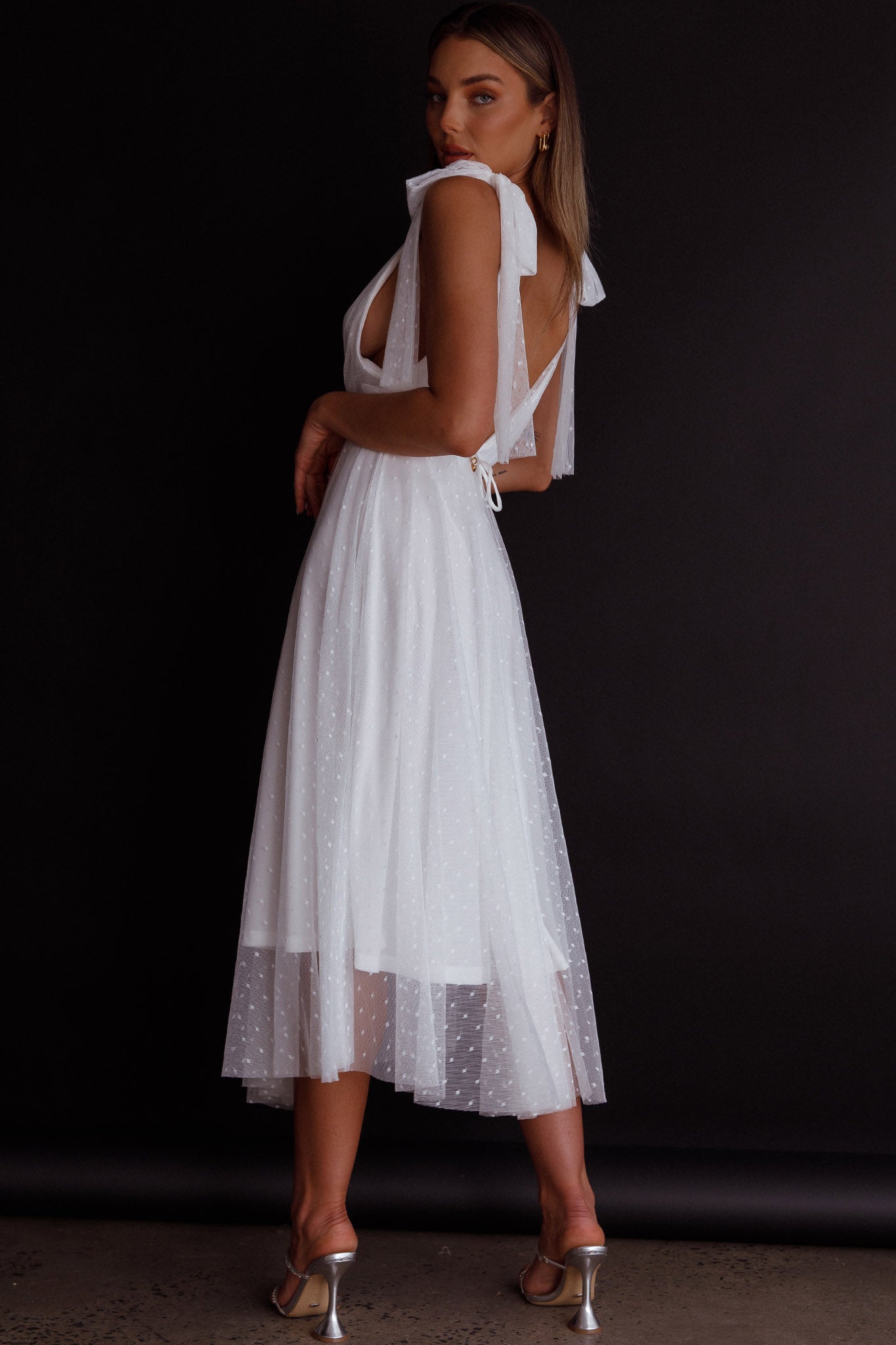 Kathryn Tied Shoulder Mesh Midi Dress White by Selfie Leslie