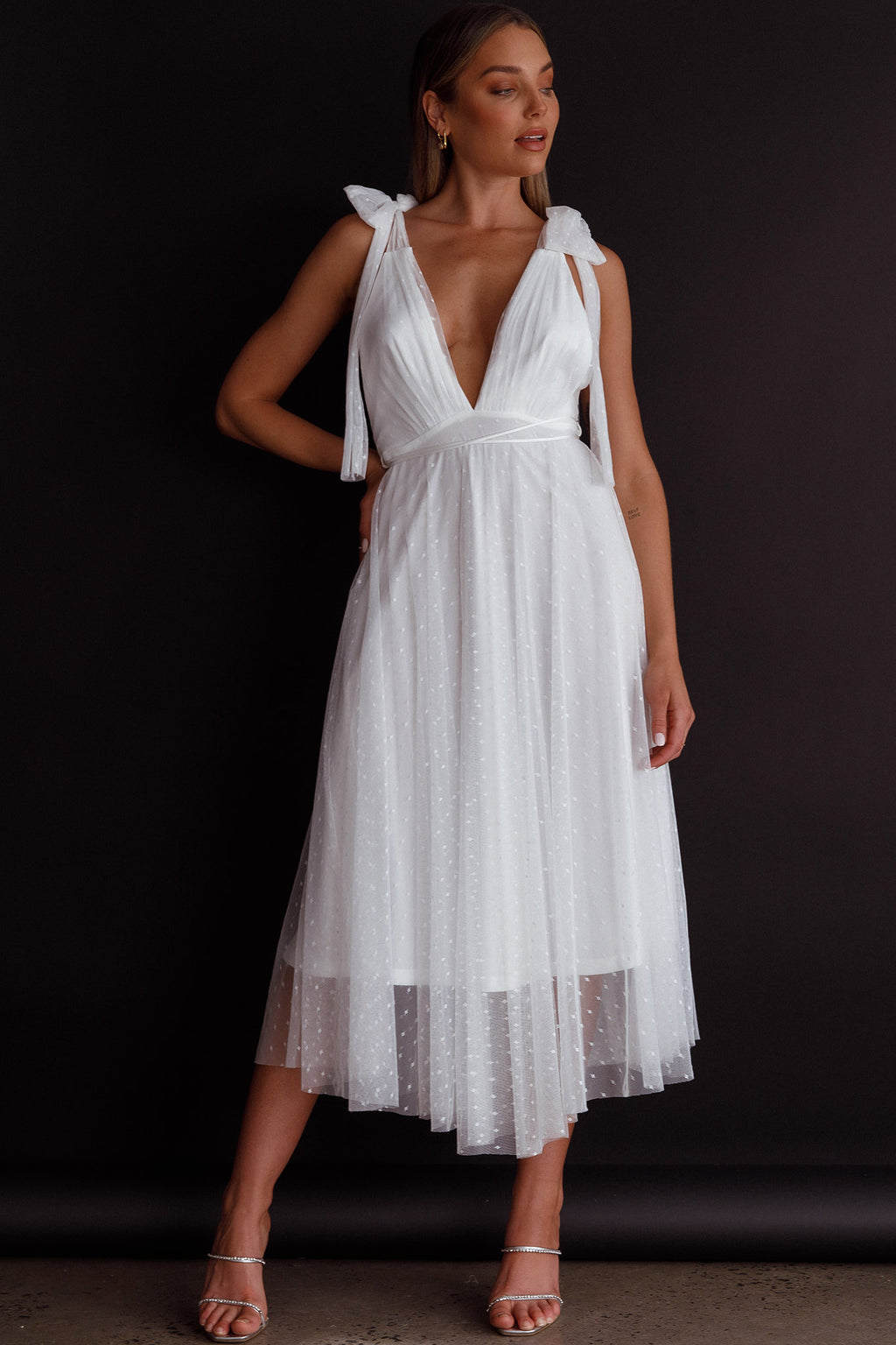 Kathryn Tied Shoulder Mesh Midi Dress White by Selfie Leslie