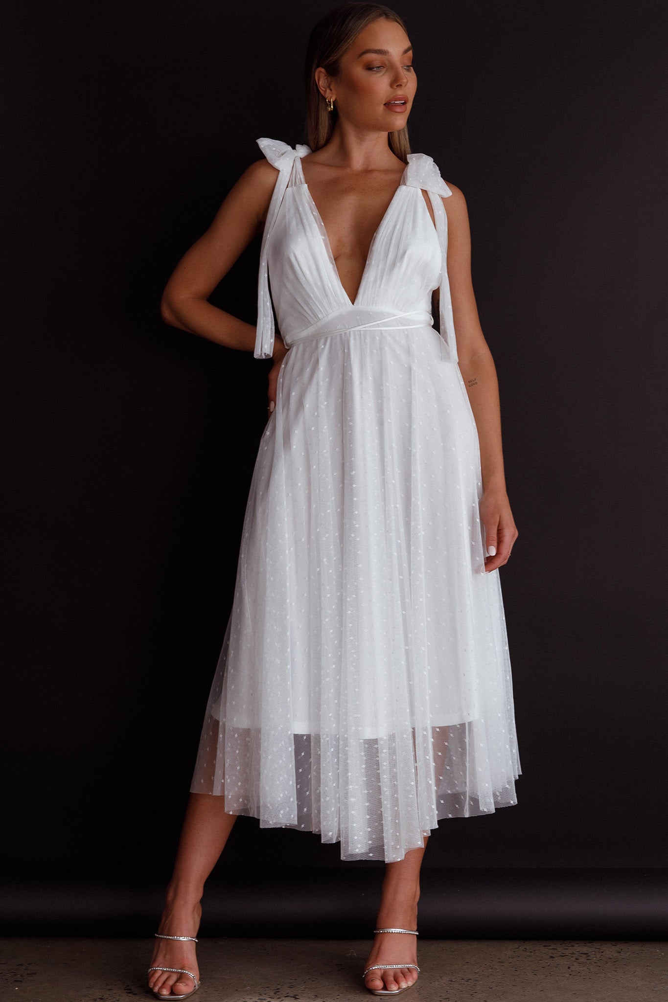 Kathryn Tied Shoulder Mesh Midi Dress White by Selfie Leslie