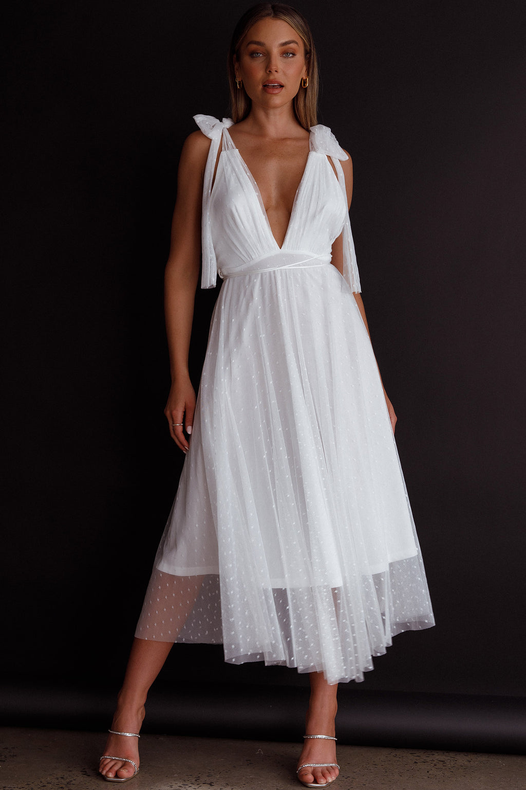 Kathryn Tied Shoulder Mesh Midi Dress White by Selfie Leslie