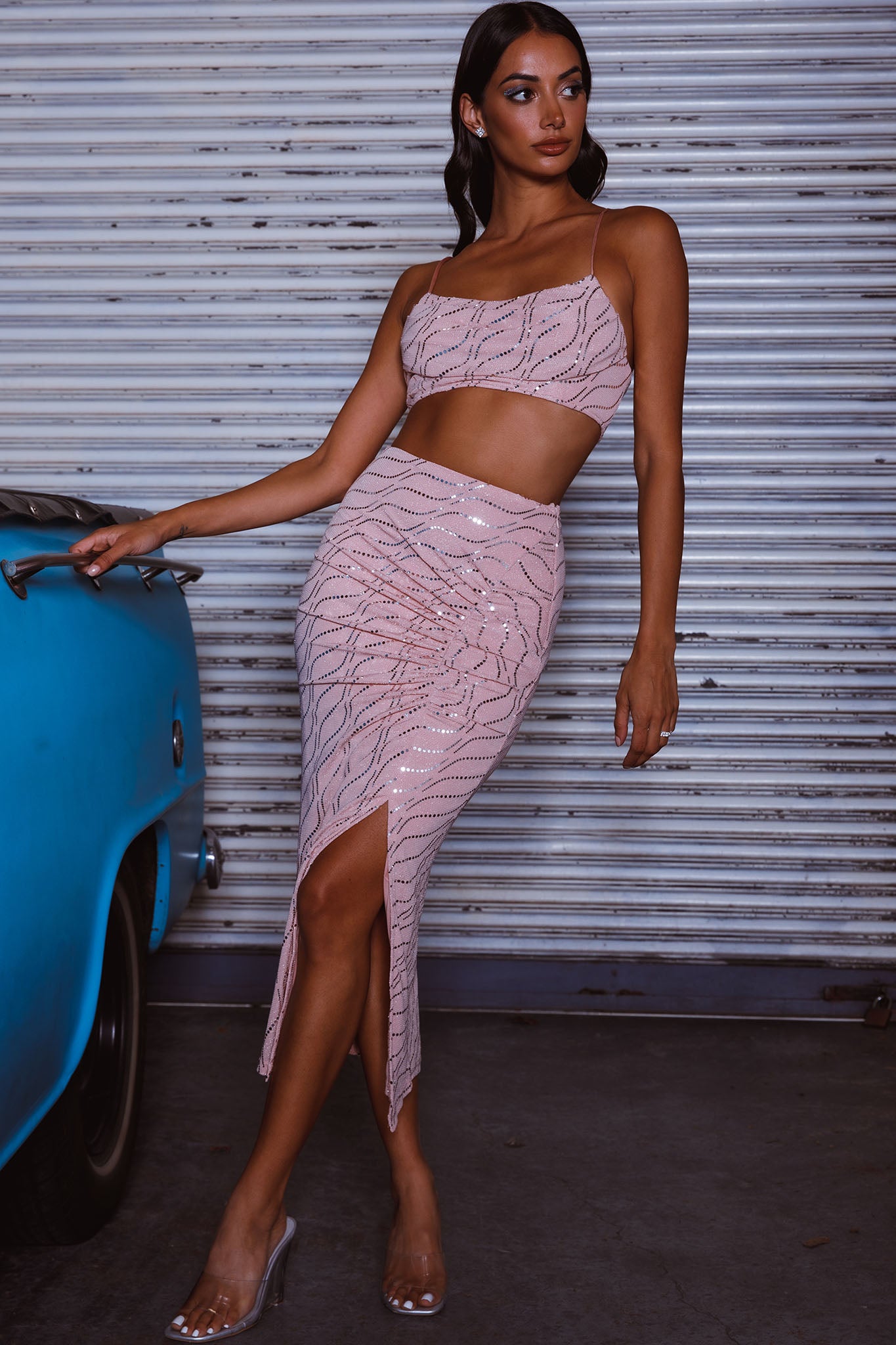 Maree Ruched Detail Midi Skirt Blush by Selfie Leslie