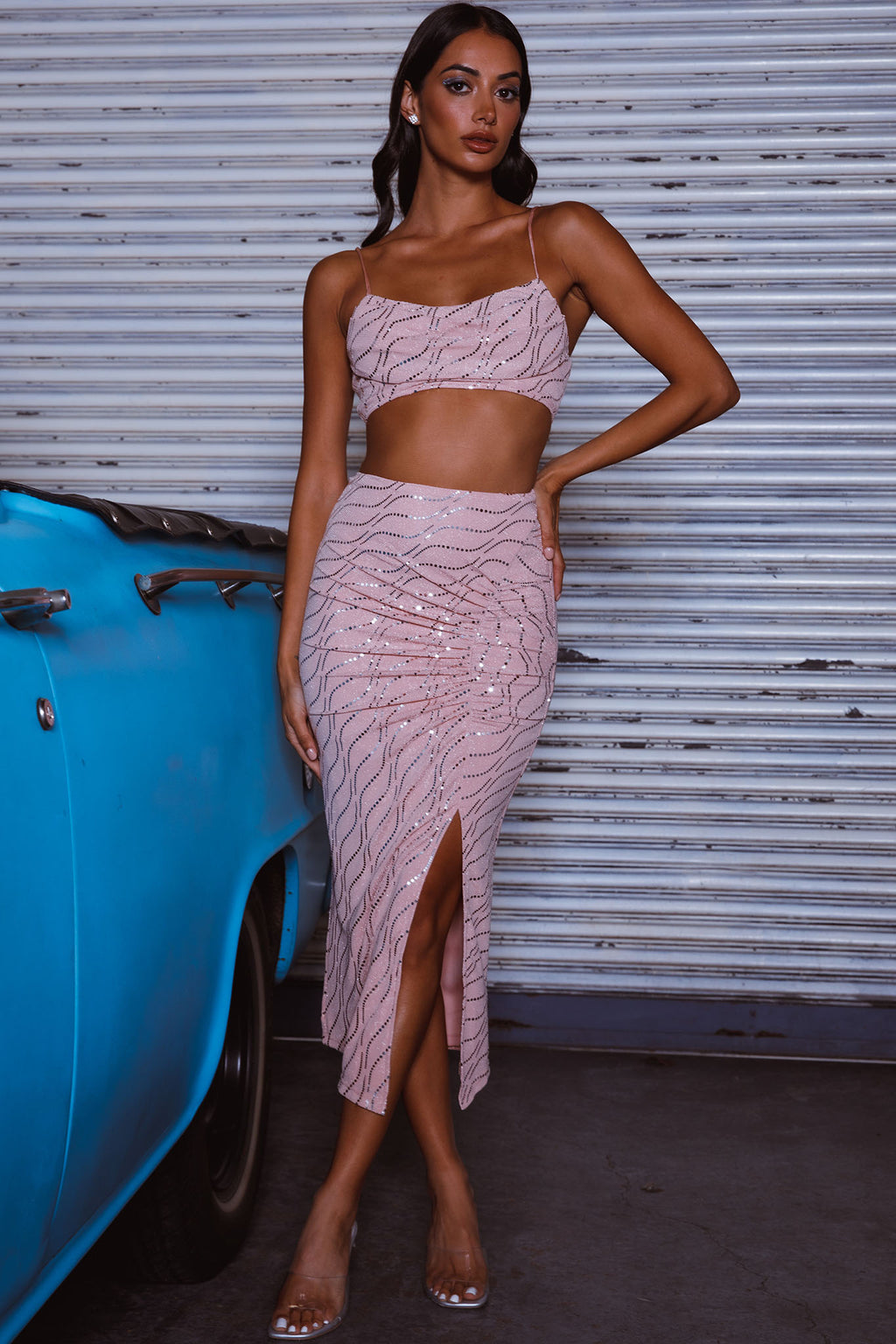 Maree Ruched Detail Midi Skirt Blush by Selfie Leslie