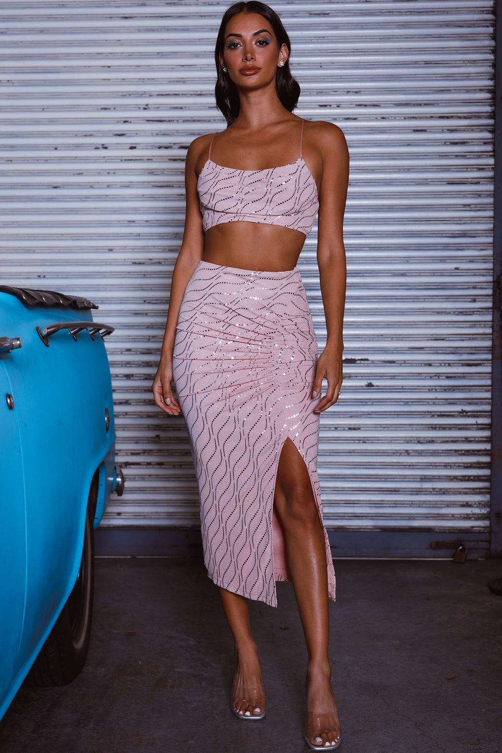 Maree Ruched Detail Midi Skirt Blush by Selfie Leslie