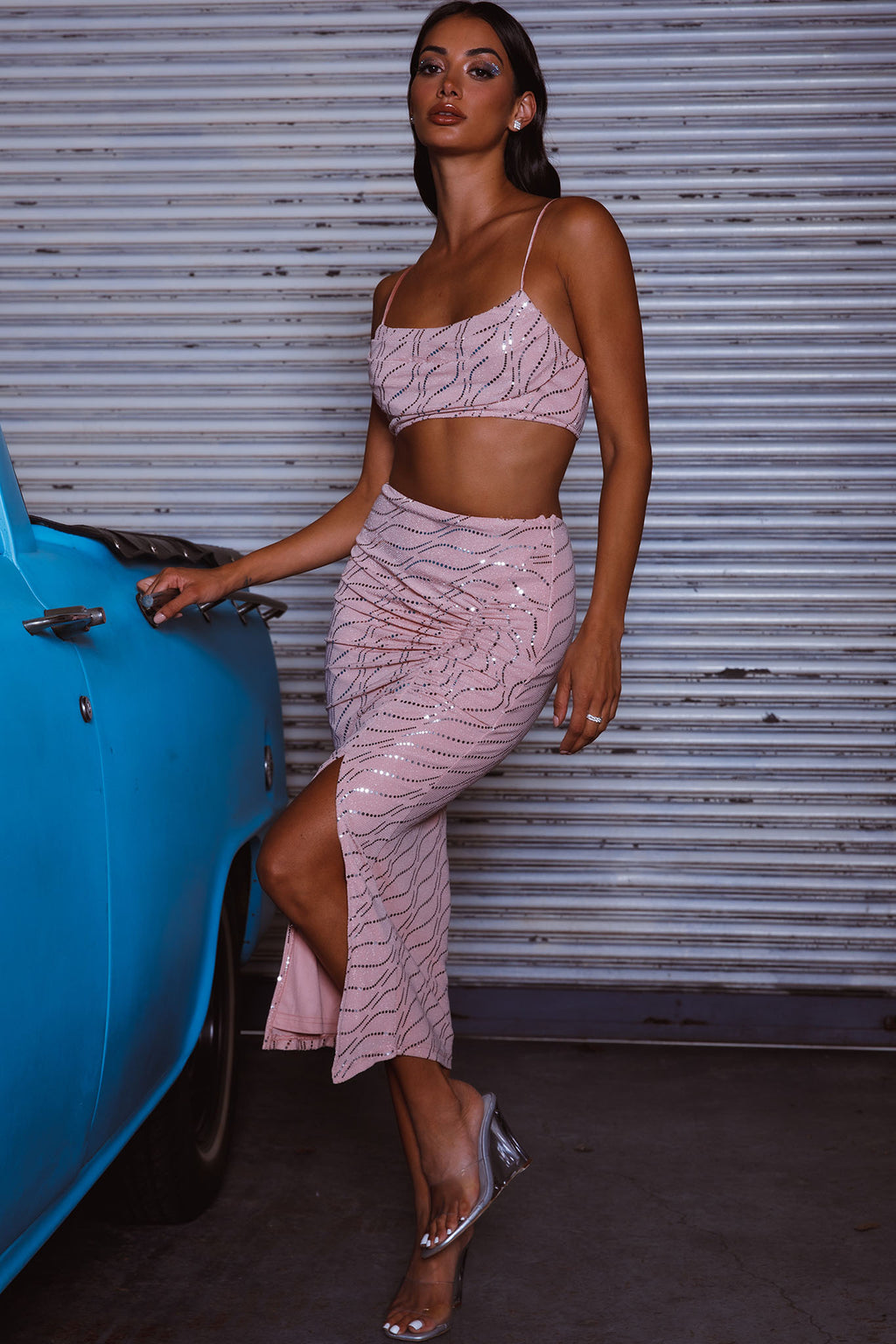 Maree Ruched Detail Midi Skirt Blush by Selfie Leslie